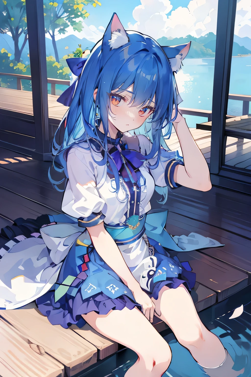 (masterpiece:1.2),ultra-detailed,realistic,expressive eyes,fair-skinned,perfectly shaped face,1girl,
Japanese cartoons,Gorgeous blue hair, flowing blue hair,floating clothes,cat ears,petals falling,beautiful Lola,Hina Angel,
hands on waist,gracefully sitting on the ground,legs crossed,gentle and serene background,cool and comfortable pavilion.