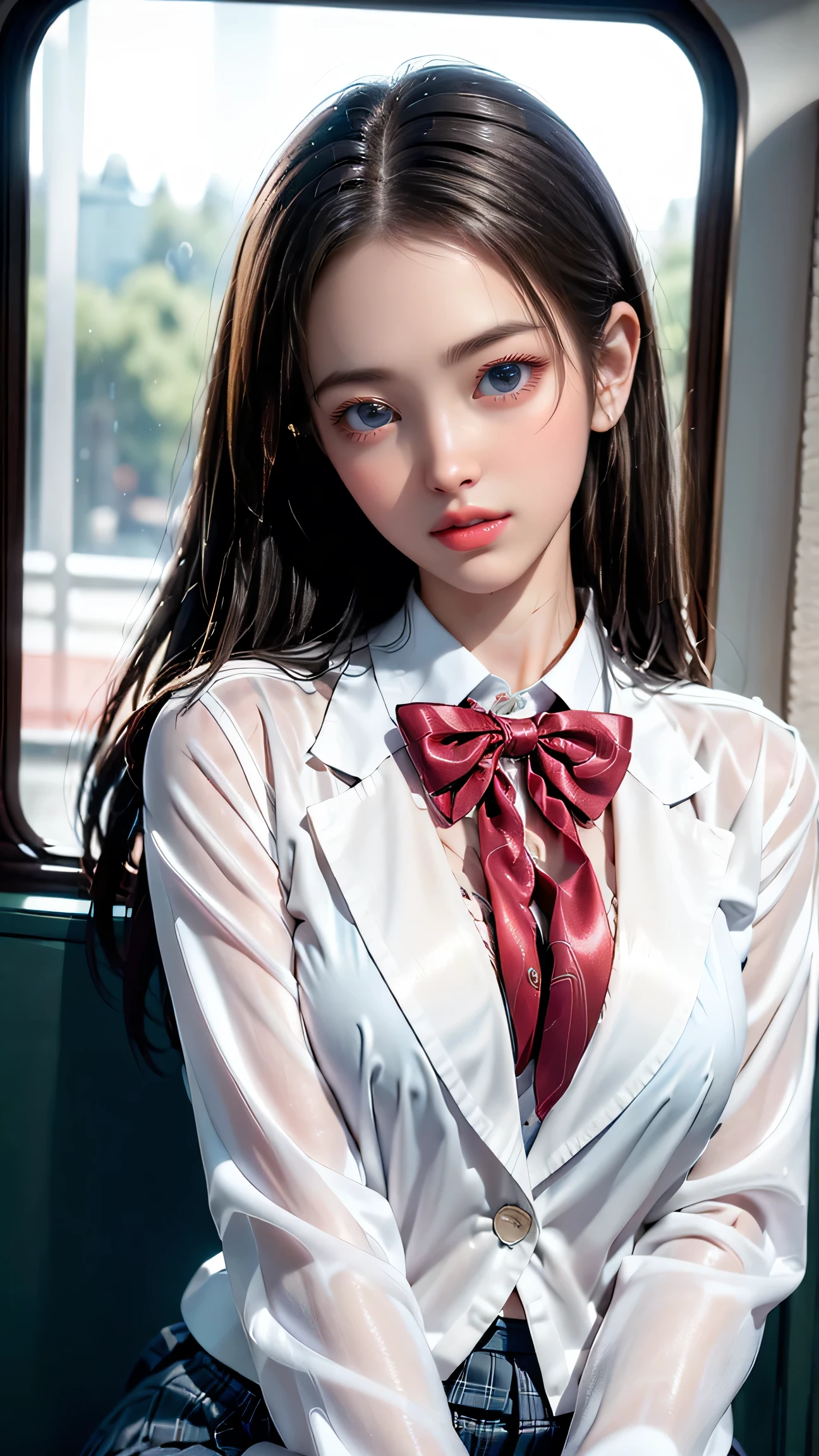 （Girl sitting on train seat)、Best quality work，Actual work，Ultra Premium Graphics，8K HD CG works，High quality graphics，High-definition CG works，10x pixels，Extremely fine detail：1.1，Advanced Technical Details：1.1 Photorealistic，Indoor lighting effects：1.5，Natural light：1.5. Light effects（virtual Light effects：1.8），Long silver hair（(Eyes closed)), Thin eyebrows，High nose, Nice red lips, Rose Cheeks, A face with subtle makeup , Cute face, perfectly balanced face，(girl in school uniform），A light-toned foundation enhances the clarity of your skin.，((High school girl on the train door))、((Wet white blazer)),((Translucent wet white blouse、Red bow tie、Dark blue checked skirt)).((No bra)) 40k, photograph, Tabletop, highest quality, Rainy background, ((1 Gorgeous wet light haired girl with beautiful eyes, She has a beautiful face and wears glasses, )). White skin, Various poses.((Medium sized breasts,:1.1)), highest quality, Tabletop, Ultra-high resolution, (Realistic:1.4), RAWphotograph, (Perfect figure), (slim:1.3), Slim abdomen, Perfect slim figure, Dynamic Pose, (((Large :0.9))), alone, Cold light 12000K, Very detailed facial and skin texture, Fine grain, Realistic eyes, Beautiful fine grain, (Realistic Skin), Charm, 超A high resolution, Surreal, Very detailed,((she&#39;s soaking wet))、(())、((Backward view)),((look back))、