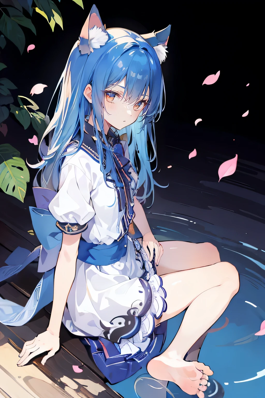 (masterpiece:1.2),ultra-detailed,realistic,expressive eyes,fair-skinned,perfectly shaped face,1girl,
Japanese cartoons,Gorgeous blue hair, flowing blue hair,floating clothes,cat ears,petals falling,beautiful Lola,Hina Angel,
hands on waist,gracefully sitting on the ground,legs crossed,gentle and serene background,cool and comfortable pavilion.