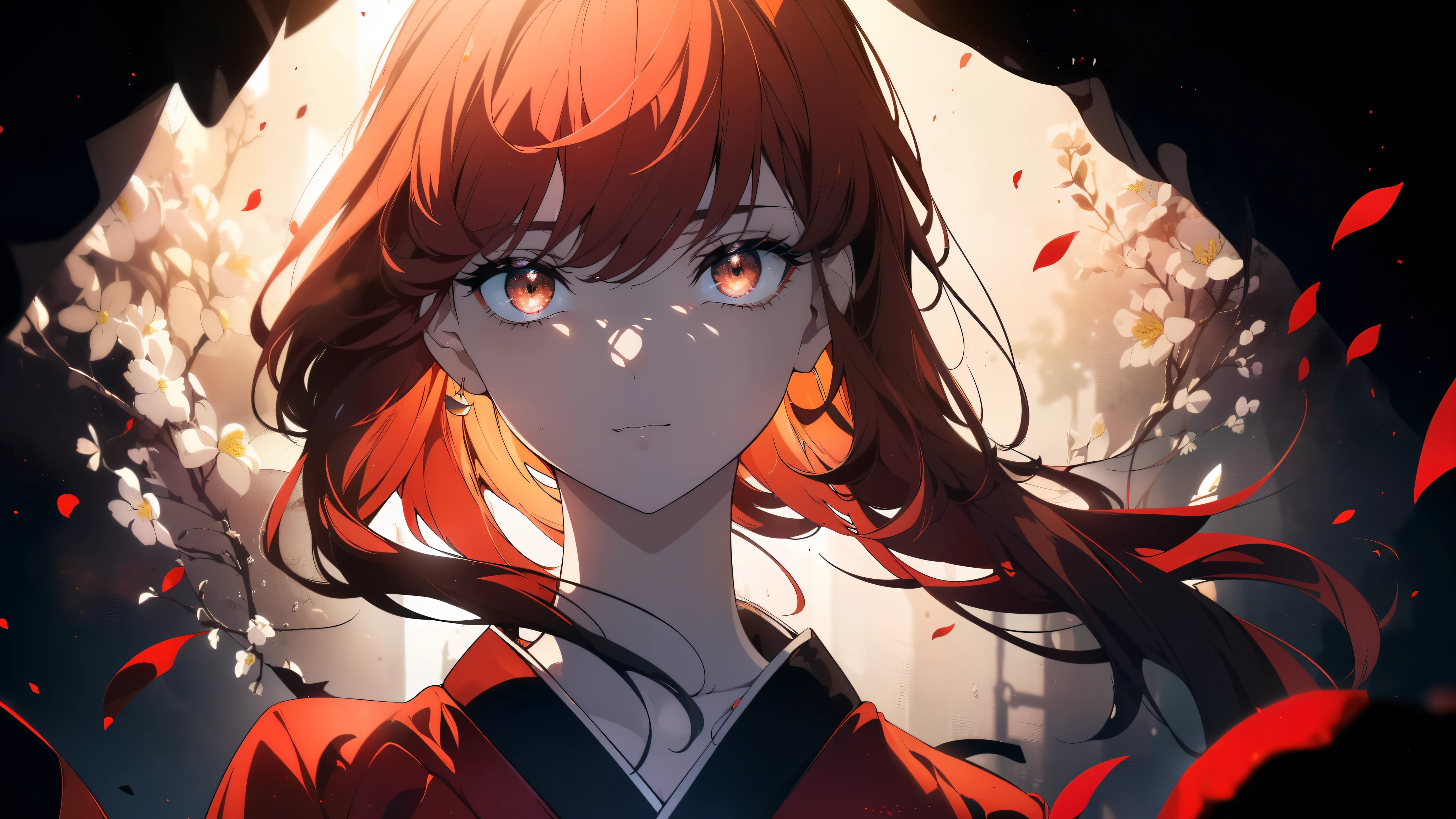 ((((Obra maestra, La mejor calidad, ultrahigh resolution)))), 1girl, standing, ((wearing a red_kimono)), long hair cut, pale skin, ((brown eyes)), (glowing_eyes, luminescent eyes), (ultra detailed eyes:0.7, beautiful and detailed face, detailed eyes:0.9), ((centered)), smile, ((wide shot)), facing viewer, (((vibrant background of outside, flowers, bright lighting, summer, sunlight))), flat chested, looking at viewer, ((perfect hands)), ((head:1, hips, elbows, arms, in view)), ((hands behind back)), beautiful lighting, defined subject, (18 years old), ((cool looking)), ((slight breeze in hair, vintage sun glare))