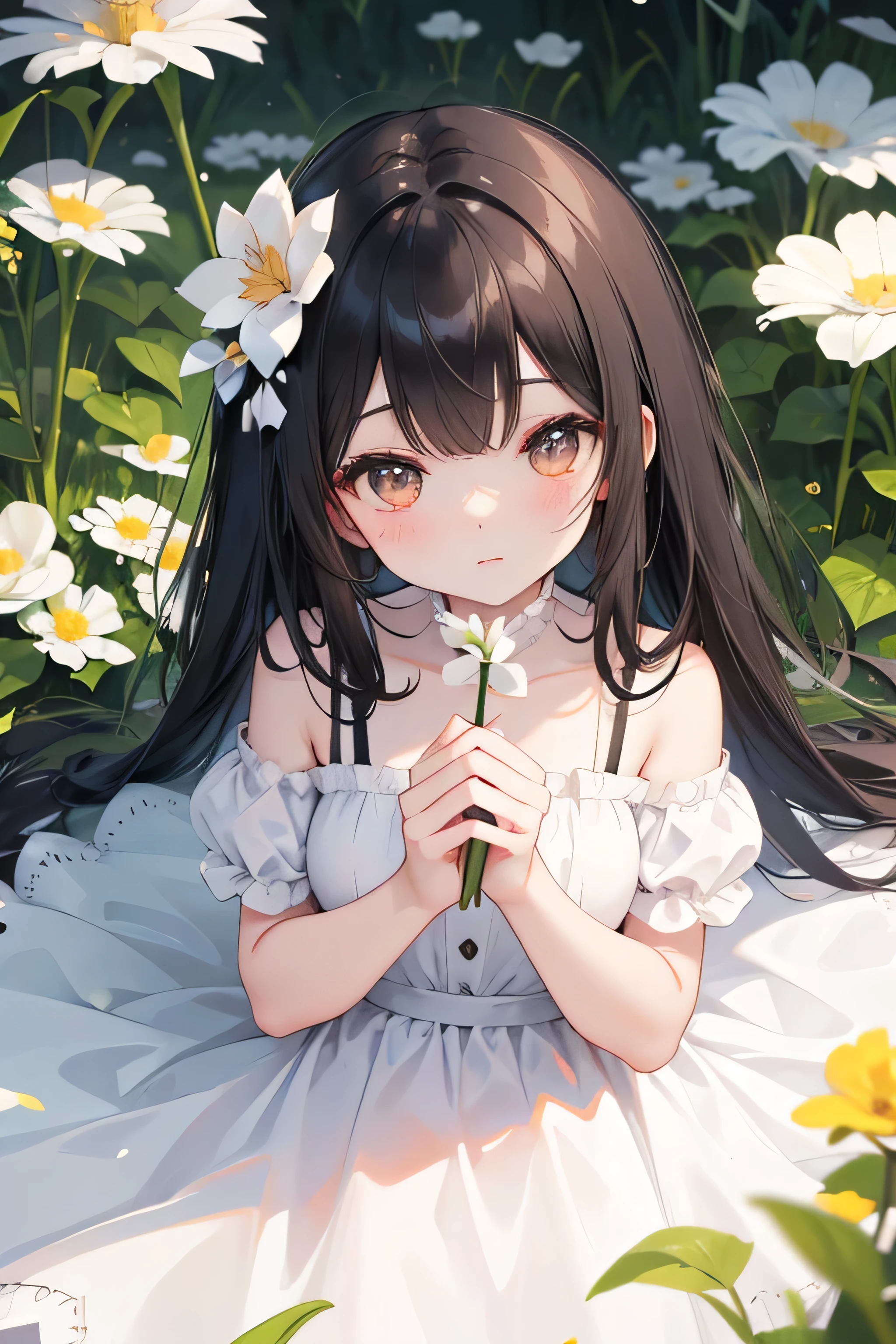 cute、Black and white cat、White dress、4K、Ultra HD、Long Black Hair、Brown eyes、Flower Field