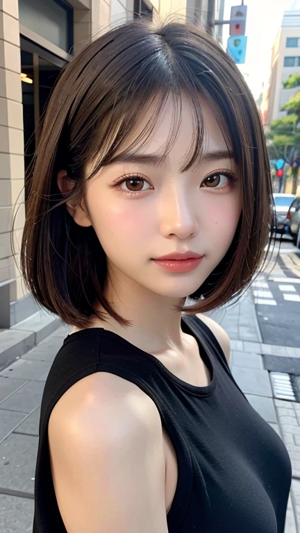 (((Shoulder length brown straight short bob)))、(((Her background is in downtown Hawaii..、Pose like a model at the hair salon.)))、(((Casual black winter street fashion)))、Face close-up、Half Japanese and half Korean、18-year-old girl、independent、look forward to、Light eye makeup、Brown Hair Color、flat 、Hair blowing in the wind、Quality of actress、Shiny, Ultra-realistic faces、smileの表情、Watery eye、look up、Pleasant lighting effects、 Ultra-Realistic Capture、Very detailed、High resolution 16k human skin closeup。Skin texture must be natural、Must be so detailed that pores are visible、skin is healthy、There must be a unified tone、Use natural light and color、High quality photos taken by modeling agencies&#39;Exclusive photographer、smile
