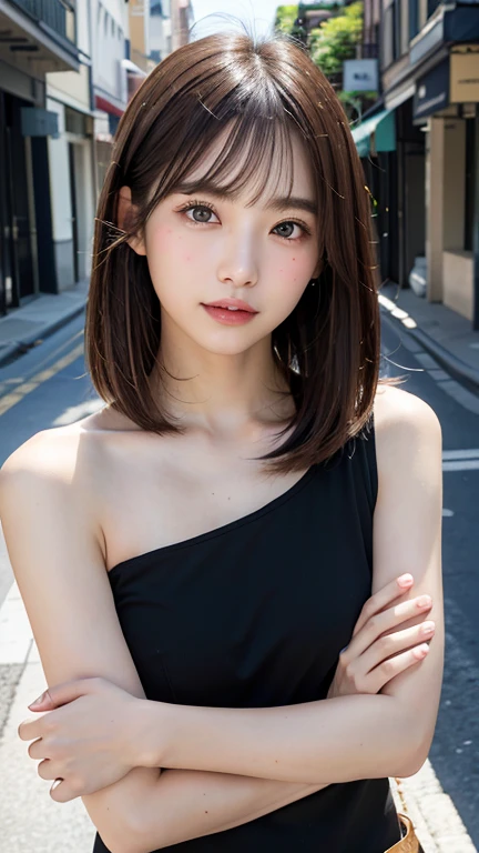 (((Shoulder length brown straight short bob)))、(((Her background is in downtown Hawaii..、Pose like a model at the hair salon.)))、(((Casual black winter street fashion)))、Face close-up、Half Japanese and half Korean、18-year-old girl、independent、look forward to、Light eye makeup、Brown Hair Color、flat 、Hair blowing in the wind、Quality of actress、Shiny, Ultra-realistic faces、smileの表情、Watery eye、look up、Pleasant lighting effects、 Ultra-Realistic Capture、Very detailed、High resolution 16k human skin closeup。Skin texture must be natural、Must be so detailed that pores are visible、skin is healthy、There must be a unified tone、Use natural light and color、High quality photos taken by modeling agencies'Exclusive photographer、smile
