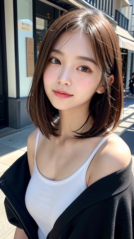 (((Shoulder length brown straight short bob)))、(((Her background is in downtown Hawaii..、Pose like a model at the hair salon.)))、(((Casual black winter street fashion)))、Face close-up、Half Japanese and half Korean、18-year-old girl、independent、look forward to、Light eye makeup、Brown Hair Color、flat 、Hair blowing in the wind、Quality of actress、Shiny, Ultra-realistic faces、smileの表情、Watery eye、look up、Pleasant lighting effects、 Ultra-Realistic Capture、Very detailed、High resolution 16k human skin closeup。Skin texture must be natural、Must be so detailed that pores are visible、skin is healthy、There must be a unified tone、Use natural light and color、High quality photos taken by modeling agencies'Exclusive photographer、smile