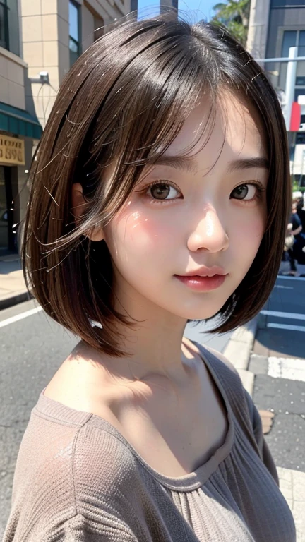 (((Shoulder length brown straight short bob)))、(((Her background is in downtown Hawaii..、Pose like a model at the hair salon.)))、(((Casual black winter street fashion)))、Face close-up、Half Japanese and half Korean、18-year-old girl、independent、look forward to、Light eye makeup、Brown Hair Color、flat 、Hair blowing in the wind、Quality of actress、Shiny, Ultra-realistic faces、smileの表情、Watery eye、look up、Pleasant lighting effects、 Ultra-Realistic Capture、Very detailed、High resolution 16k human skin closeup。Skin texture must be natural、Must be so detailed that pores are visible、skin is healthy、There must be a unified tone、Use natural light and color、High quality photos taken by modeling agencies'Exclusive photographer、smile