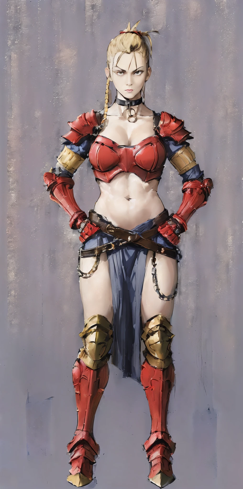 ((Plain background 1:2)) (Cammy White Street Fighter 6) Female full body standing straight symmetrical looking to the viewer RED full body armored (handcuffs, shackles, rerebrace, faulds, poleyn, gauntlets, leather collar choker) big belt under belly button, navel, belt over belly button ((hands on hips))