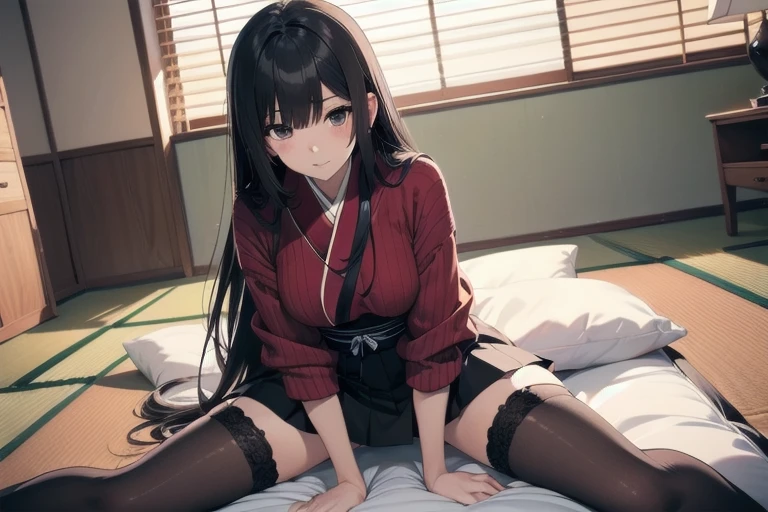 1girl, anime, black eyes, long black hair with square bangs, very long black hair, super long black hair, skirt and stockings, (((stockings))), heels, black Japanese style kimono mixed with ribbed black sweater with red accents and sakura floral design, ((ribbed black sweater)) adult, (Japanese shoji panel walls and tatami flooring indoors), kimono sleeves, garter, graceful, (sitting on bed), POV view, 1st person view, close, POV, pillow, (bed), (((futon))), spread legs