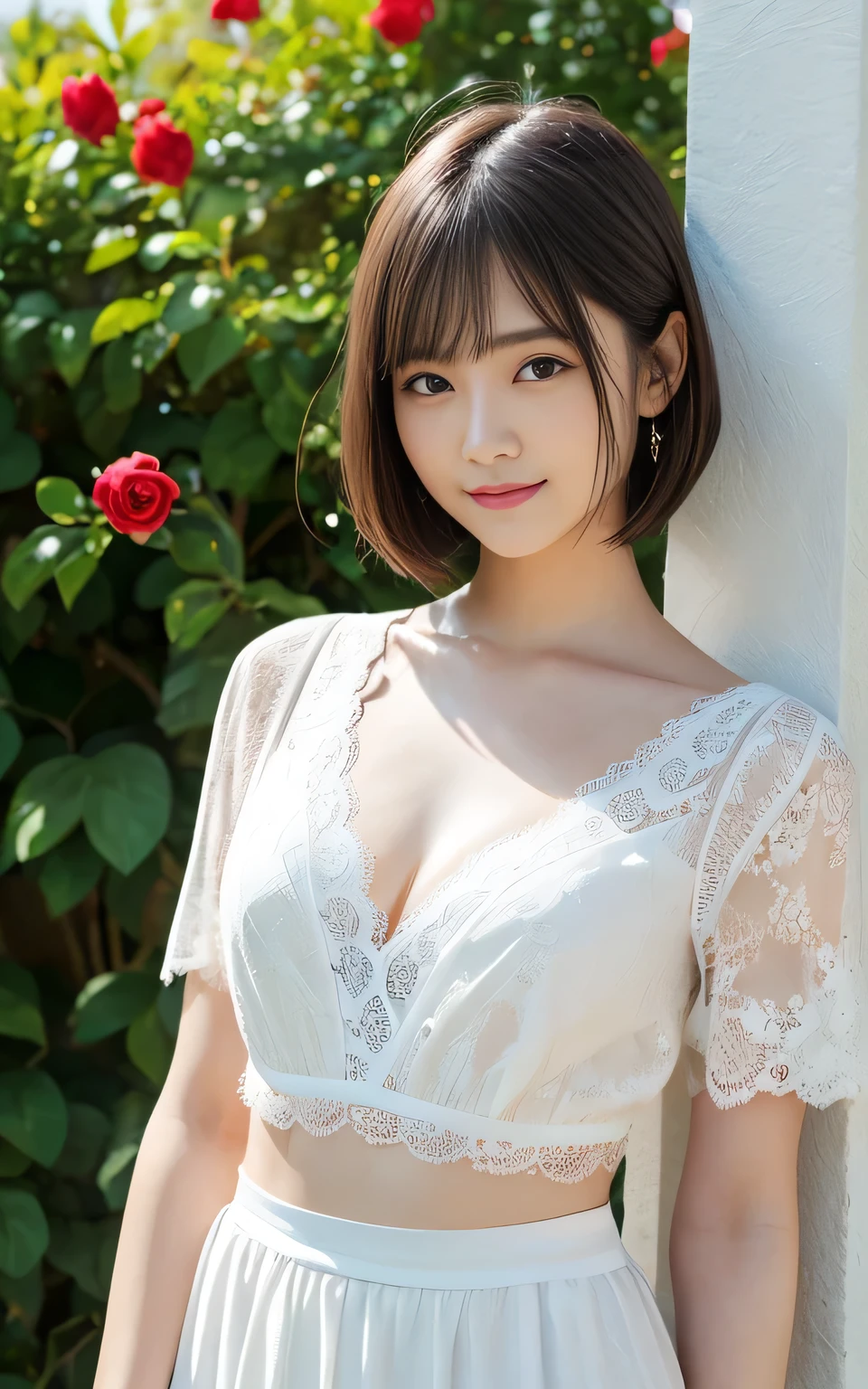 (highest quality:1.5), (Realistic:1.5), (1 person:1.5), (Mid Shot:1.5), Very detailed, High resolution, 8k wallpaper, , Small breasts, Natural color lips, cute smile, Japanese women, 20-year-old girl, Beautiful and elegant face, Perfect and beautiful face, Big eyes, Brunette's eyes, Beautiful and elegant face, Perfect and beautiful double eyelids, Natural Bangs, Beautiful thin nose, Beautiful Skin, Chestnut Hair, Medium Bob Hair, Shortcuts, Natural Bangs, Perfect and beautiful face, Slim face and figure, (Looking at the camera)、(Forward lighting)、smile、morning、Clear skies、grassland、One person is standing、(Cute lace micro mini dress with rose floral pattern)、（Outdoor）、Beautiful clavicle、(The navel is visible)、Cleavage、Bright lighting、Professional Lighting、Natural lighting、
