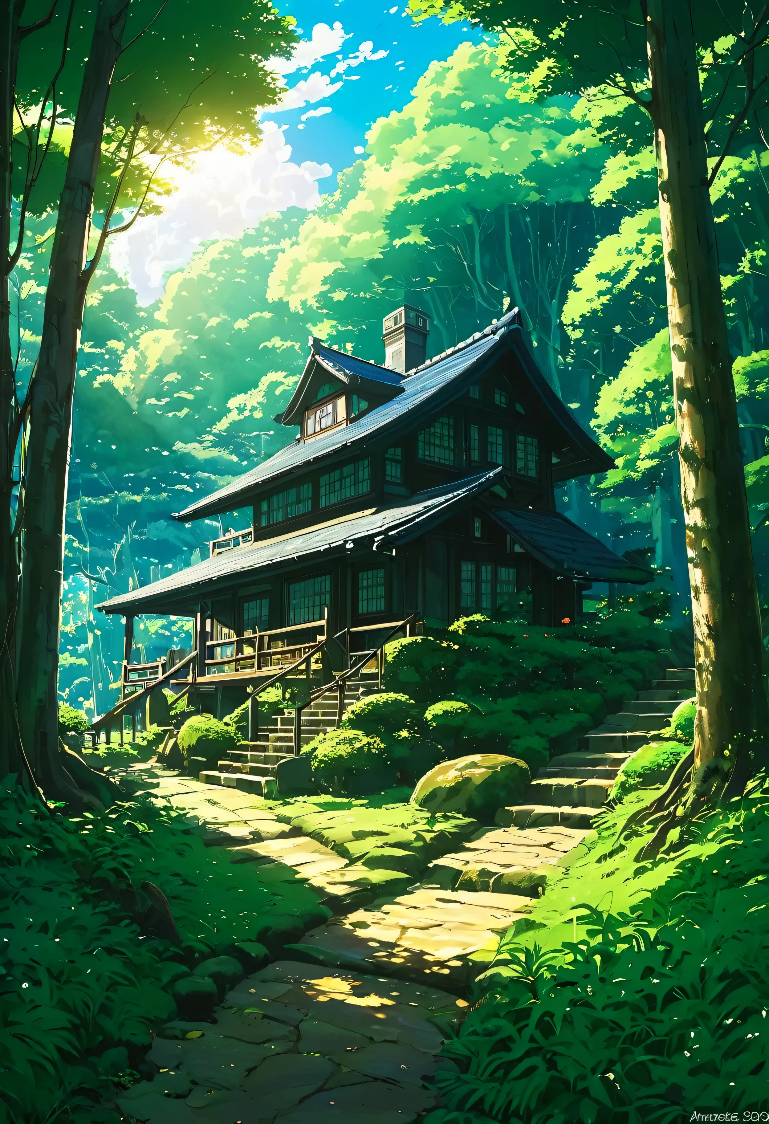 tones, and luminous cirrus clouds that streak across the heavens. The sun peeks through the trees, casting dappled light on the forest floor, illuminating the dormant world and bringing it to vibrant life.
Cartoon house with a tree and a pathway leading to it, anime background art, beautiful anime scenery, beautiful anime scene, background art, anime scenery, anime nature wallpap, studio ghibli sunlight, anime nature, quiet and serene atmosphere, beautiful house on a forest path, beautiful detailed scene, anime background, andreas rocha style, japanese house, peaceful environment
As the creature moves gracefully through the forest, its hooves leave gentle imprints on