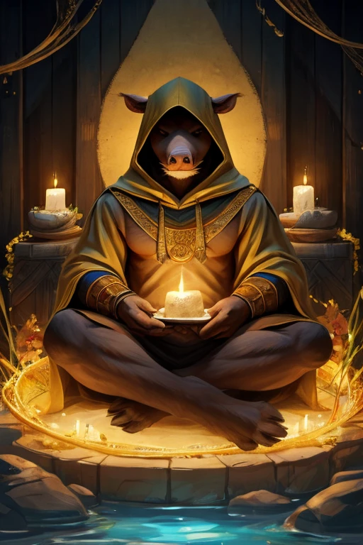 Bipedal creatures like boars , blue and hood,golden trim, sitting zen , Float like magic, Masterpiece, Best quality