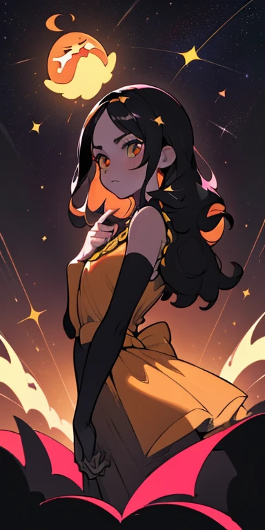 (mejor calidad, Obra maestra), 1 chica, galaxia, Brillantina, vestido, Particle, viento, flor, parte superior del cuerpo, fondo oscuro simple, mirando al espectador, cabello negro y largo, color de piel claro y ojos morados 