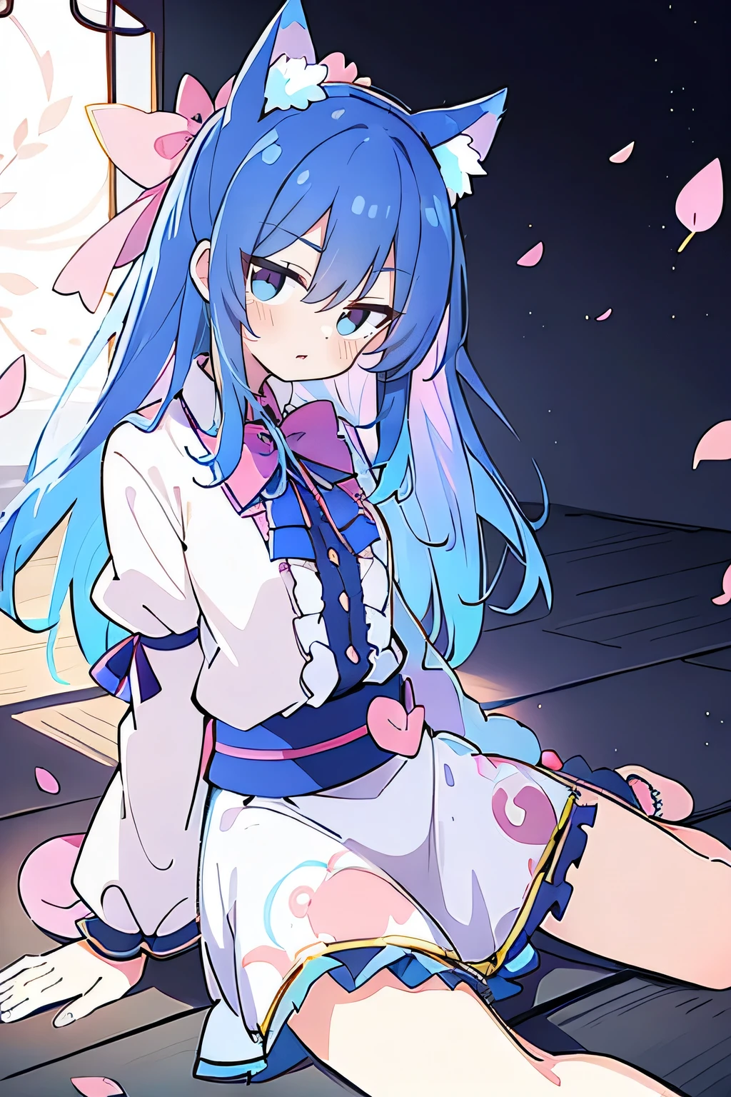 (masterpiece:1.2),ultra-detailed,realistic,expressive eyes,fair-skinned,perfectly shaped face,1girl,
Japanese cartoons,Gorgeous blue hair, flowing blue hair,floating clothes,cat ears,petals falling,beautiful Lola,Hina Angel,
hands on waist,gracefully sitting on the ground,legs crossed,gentle and serene background,cool and comfortable pavilion.