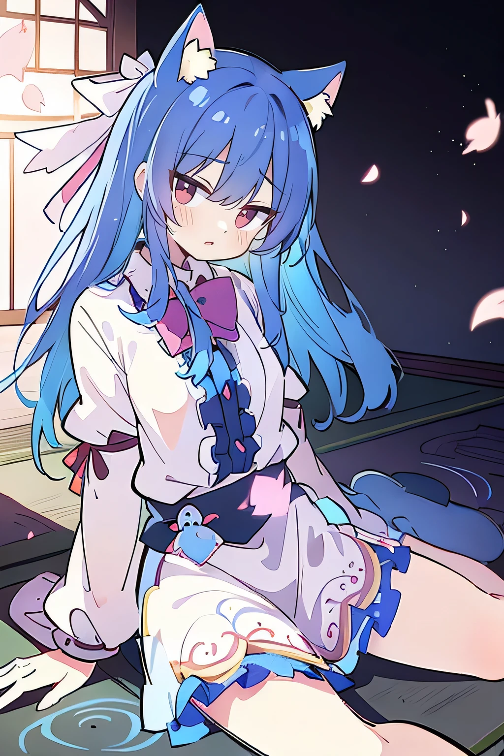 (masterpiece:1.2),ultra-detailed,realistic,expressive eyes,fair-skinned,perfectly shaped face,1girl,
Japanese cartoons,Gorgeous blue hair, flowing blue hair,floating clothes,cat ears,petals falling,beautiful Lola,Hina Angel,
hands on waist,gracefully sitting on the ground,legs crossed,gentle and serene background,cool and comfortable pavilion,night.