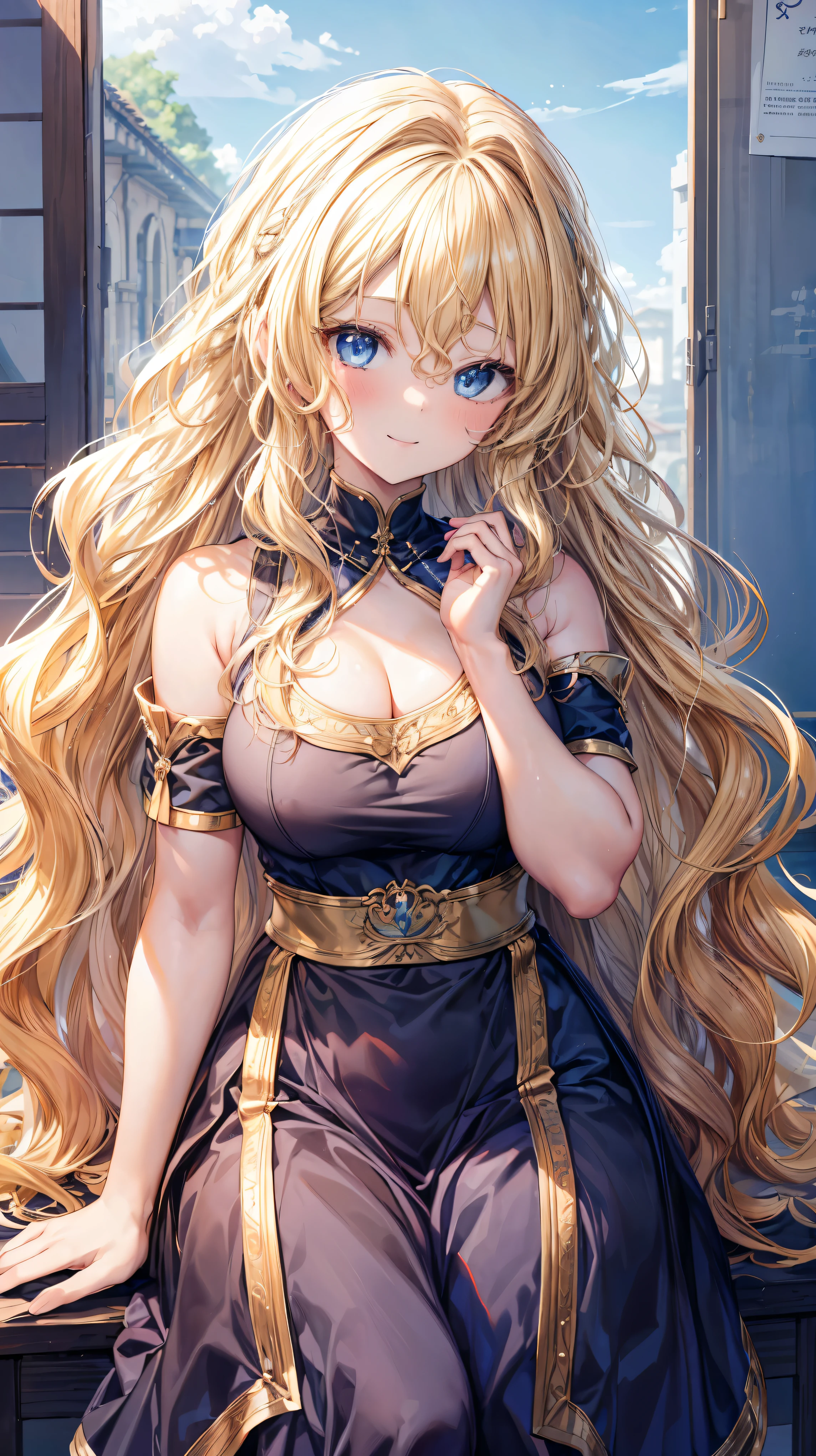 Very detailed、highest quality、Best image quality、masterpiece、8k、Anime Face、A kind smile、Open your mouth、Sparkling blue eyes、(Blonde wavy hair:1.5)、、Muscles of the whole body、Hands on hipini skirt、camisole