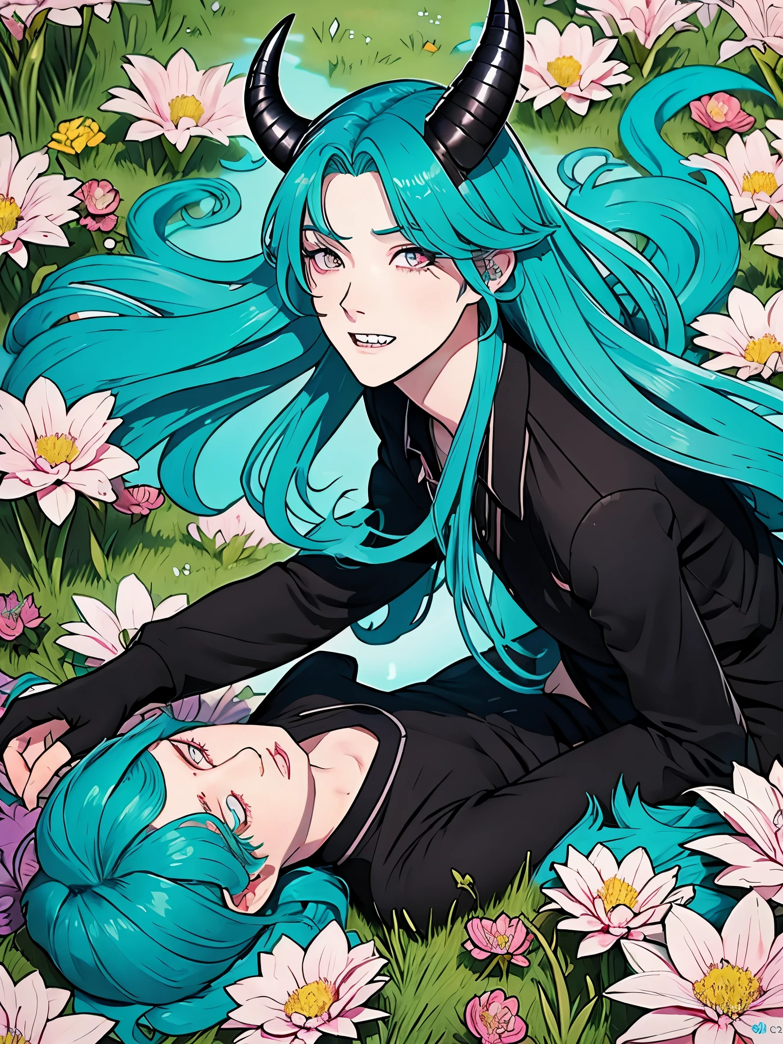 drawing of a beautiful man with long cyan hair tied up, his hair is tied, completely black eyes with long eyelashes, skin of a very dark pastel blue, almost full lips, dressed in a red shirt, black pants and corcet that fit His figure, black high heels and black gloves, he has a good butt, small waist, he is a dragon hybrid, he has horns, a long tail and sharp teeth, he is unique in his species, he is lying in a field of flowers, at different angles .