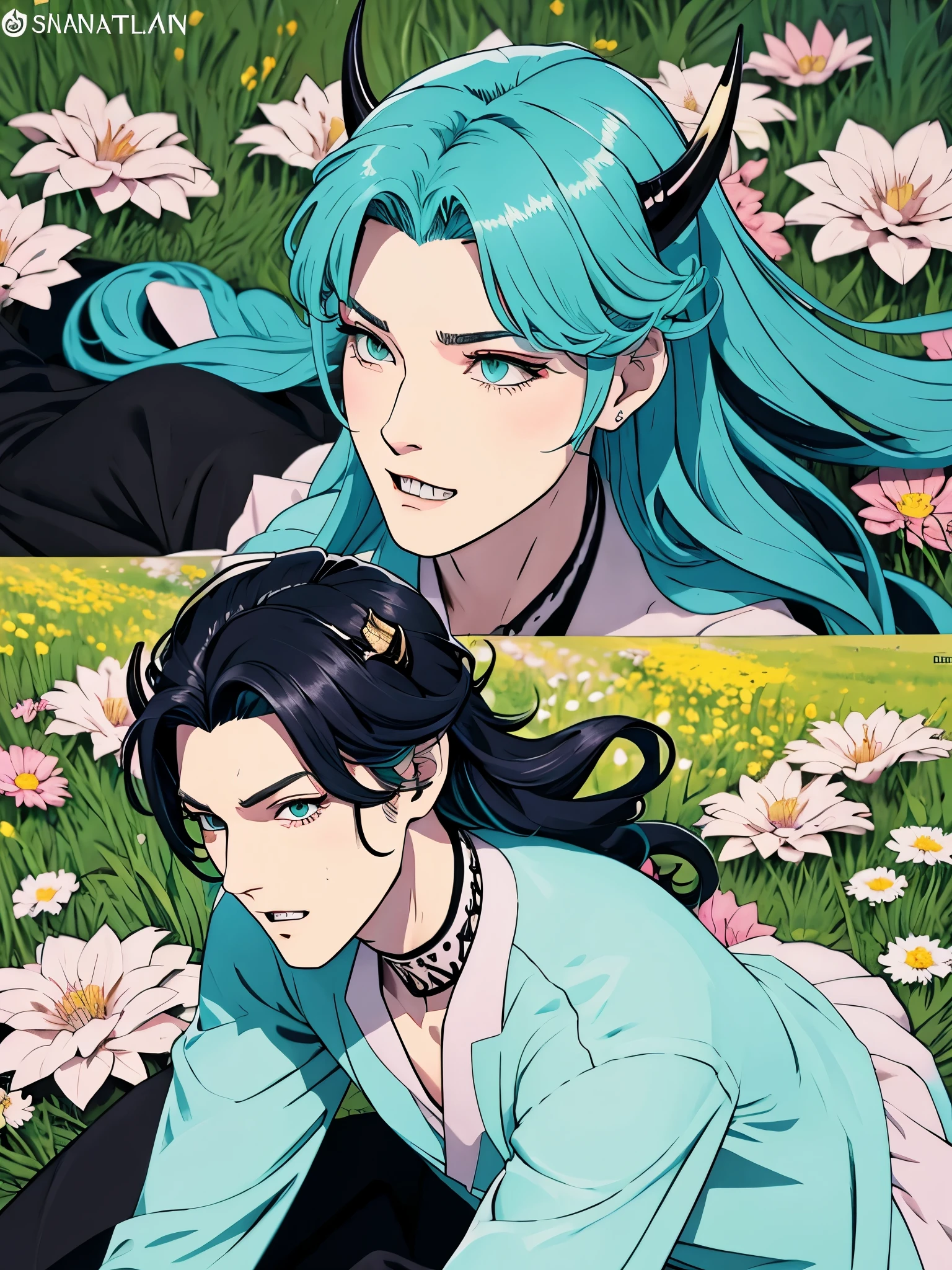 drawing of a beautiful man with long cyan hair tied up, his hair is tied, completely black eyes with long eyelashes, skin of a very dark pastel blue, almost full lips, dressed in a red shirt, black pants and corcet that fit His figure, black high heels and black gloves, he has a good , small waist, he is a dragon hybrid, he has horns, a long tail and sharp teeth, he is unique in his species, he is lying in a field of flowers, at different angles .