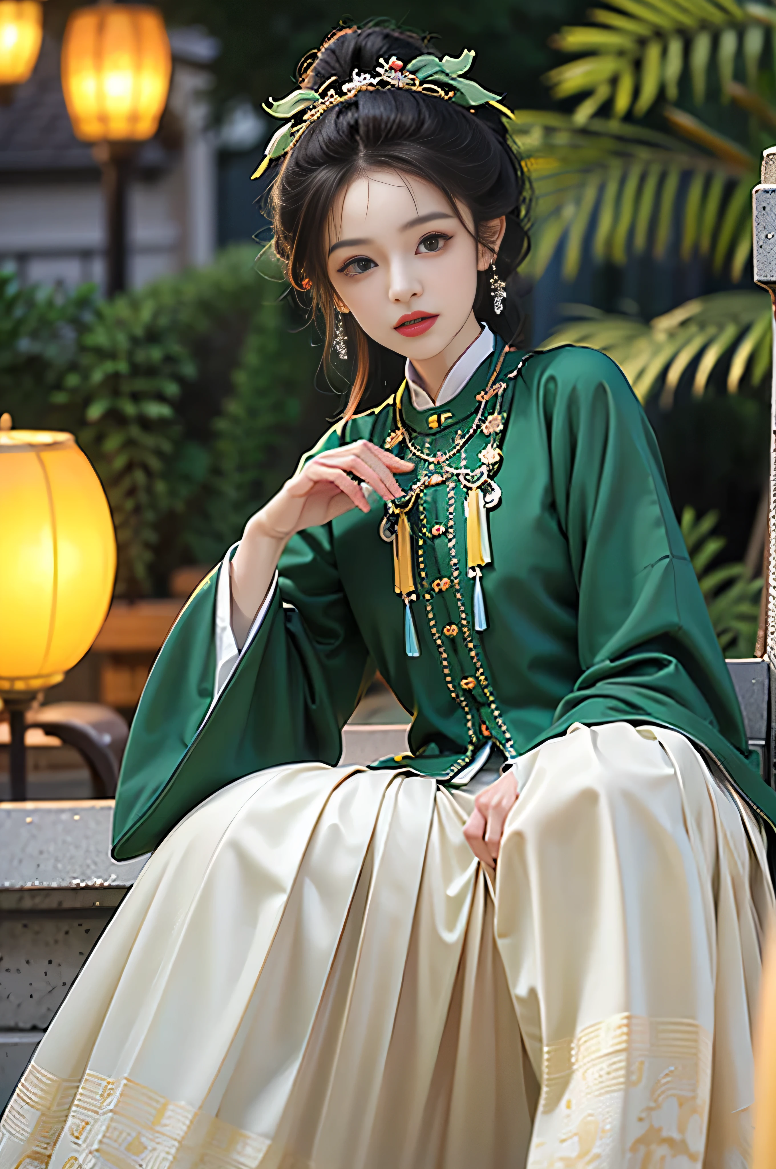 (skindentation:1.5), Realistic, Photorealistic, (masterpiece:1.5), concept art, intricate details, highly detailed, photorealistic, octane render, 8k, unreal engine, dynamic pose, best quality, highres, (realistic face:1.1), (hyperrealistic:1.1), (((full_body))), perfect eyes,(shiny skin:1.2), perfect hand, extremely detailed background, ((devilish eyes)), ((1girl)), ((detailed eyes, high quality eyes, high quality face)), long black hair, messy ponytail, dramatic, depth of field, bokeh, 4k, beautiful bride, (green/yellow chinese shirt), (white/green chinese long skirt), chinese garden background, ((fighting)), spinning kick