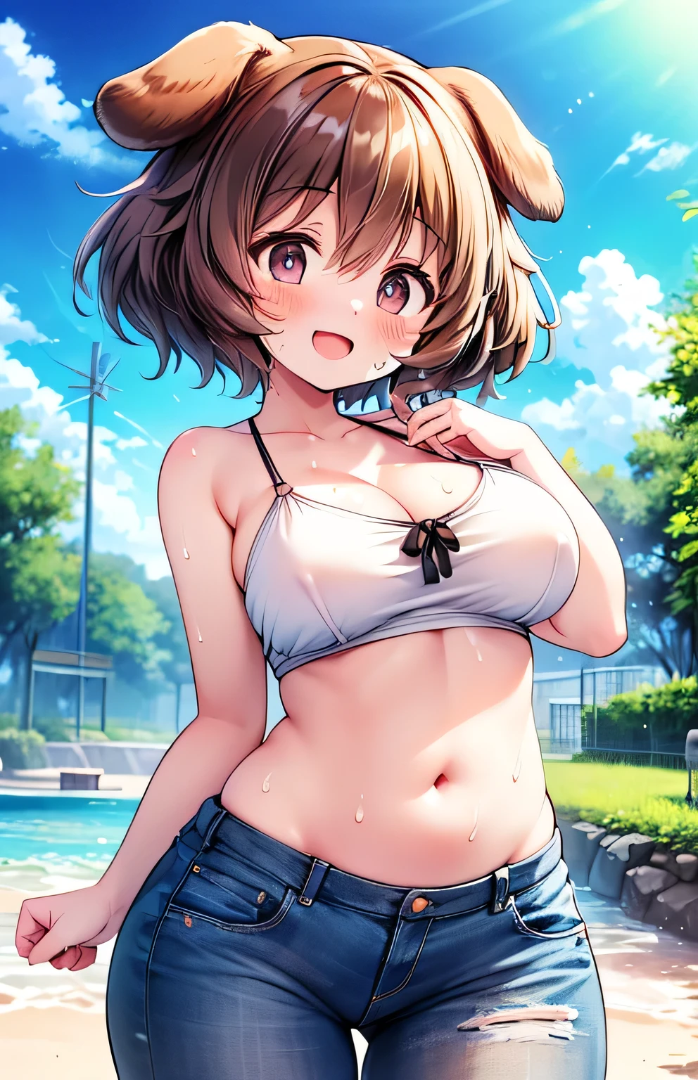 Anime illustration、highest quality、A short and voluptuous gravure idol、Dog park、Kemono Friends、Tube top、hot pants、Perfect proportions、photo shoot、natural Park、Clear skies、overwhelmingly big breasts、Beautiful, shining eyes、Cowboy Shot、smile、Excessive sweating、Noise Reduction
