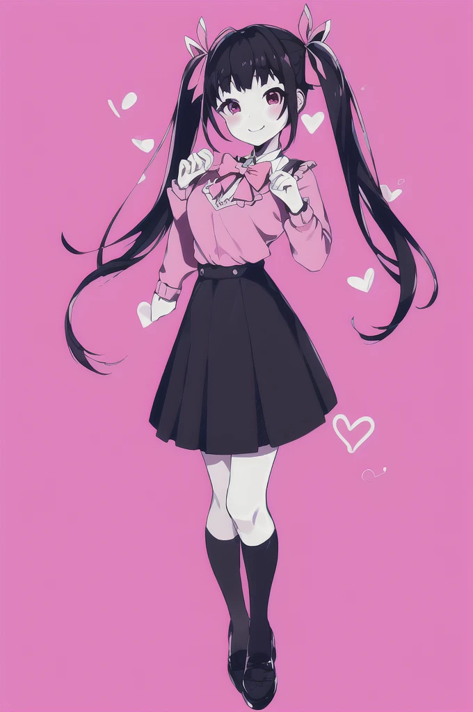 masterpiece, highest quality,  One girl, 一人in, length_hair, Looking_in_Audience, smile, 前hair, skirt, Simple_background, shirt, black_hair, length_sleeve, bow, Twin tails, Monochrome, hair_bow, heart, Frills, shoes, bowtie, pink_eye, good, heart-shaped_student, pink_background, pink_shirt, 腕を背中の後ろin組む, jirai_where,  Mouth closed,