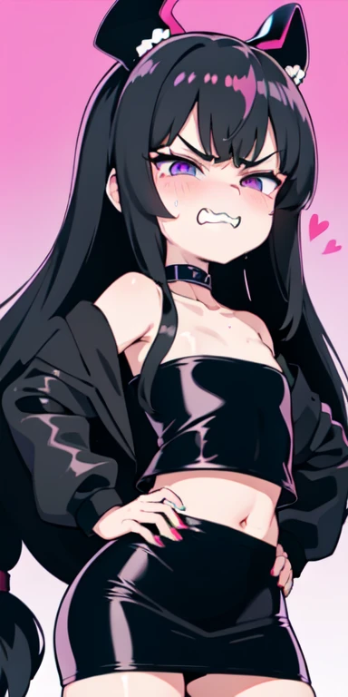 1 girl,heart-shaped pupils,hand on hip ,(black hair), (purple eyes), long hair, (((long hime hair))) (blush:1.1), Upper body, trembling, Sweat, Sweatdrop, heart, (speed line:1.1), ((Flat milk)), ((heavy breathing:1.3)), annoyed, angry look, Yandere, ((LOLI)), evil, open your mouth, ((jagged teeth)), small breasts, Black military cap, ((black jacket)), off shoulder, ((shiny latex black tube top)), ((strapless)), shiny, ((mini pencil skirt)), cowboy shot, ((hime hair)), hime cut, hime haircut, hime style, black off shoulder jacket, no extra hair