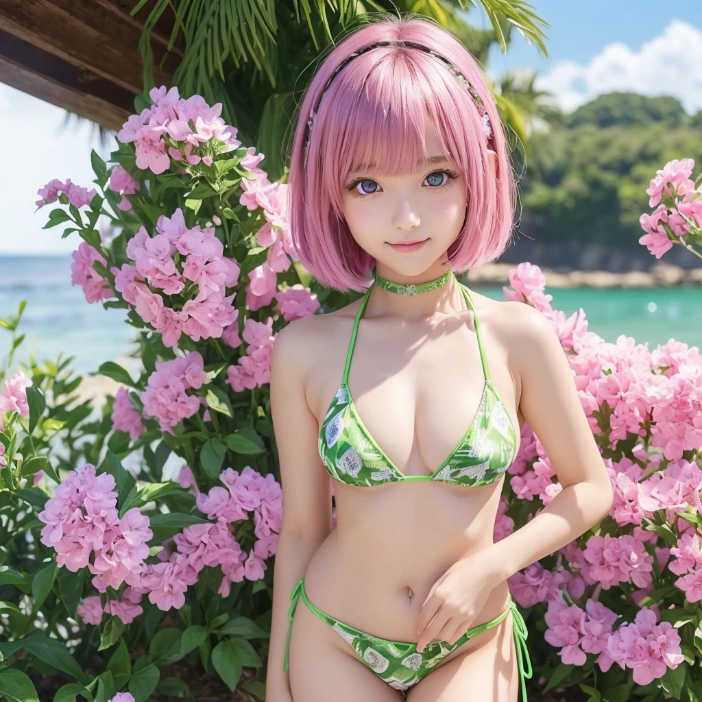 Girl、one person、 、(((Cowboy Shot)))、((Green patterned micro bikini))、Green choker、Pink Hair、Purple eyeedium Bob、hair ornaments、Big eyes、D cup bust、Thighs、Ocean、null、Ultra-wide angle drawing、(masterpiece:1.2, highest quality),、(Beautiful, detailed eyes: 1.2)、 (Ultra delicate),Smile、blush