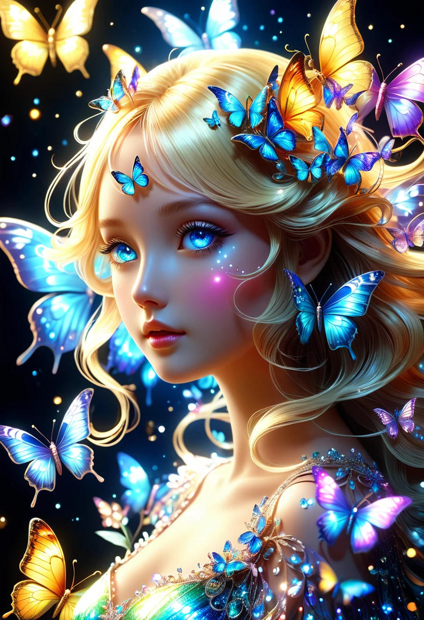 暗闇の中を羽ばたくbutterfly々Shine、As beautiful as a dream、It touches my heart.、8Beautiful angel girl、blonde、Blue Eyes.,butterfly々:Iridescent:Seven Colors:Illumination:Shine,Dark Background,flash,とてもflash,masterpiece,最高masterpiece,Best Composition,Beautiful sight,dream-like,優しくShinebutterfly々,gracefully,rendering,Unreal Engine,Zentralg Elements,Intricate details,gracefully描く,With great care,Particles of light:Shine鱗,butterflyの羽ばたきの軌跡がShine,Rich colors,colorful,Anatomically correct,Beautiful light and shadow,Mysterious,Fantasy,Fantasy,Digital Art