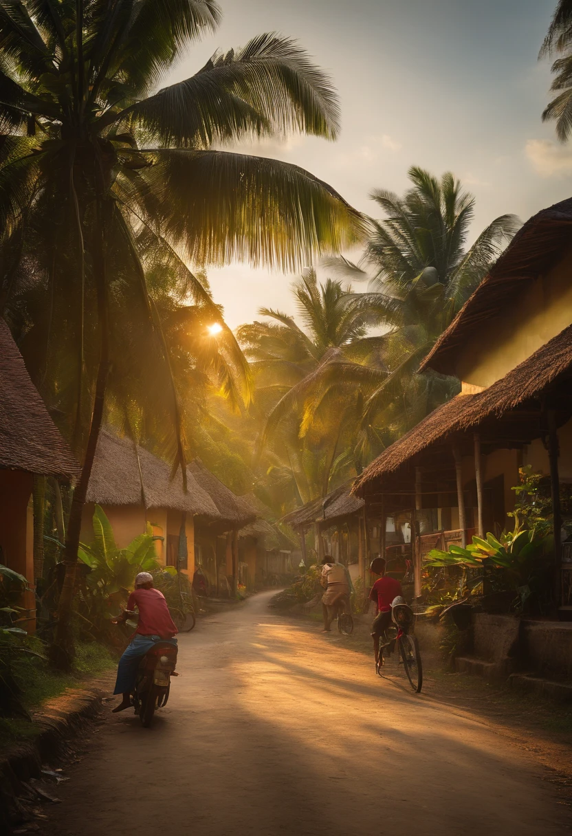 Malay village atmosphere, with the soothing presence of coconut trees and banana trees lining the streets. Boys in traditional attire are engaged in playful activities, their laughter echoing in the warm air as they frolic in front of quaint houses. The scene is one of tranquility and contentment, as the sun casts dappled shadows across the village, adding to its picturesque charm. This top-quality, high definition image is a masterpiece that immerses viewers in the beauty and richness of this Malay village atmosphere.