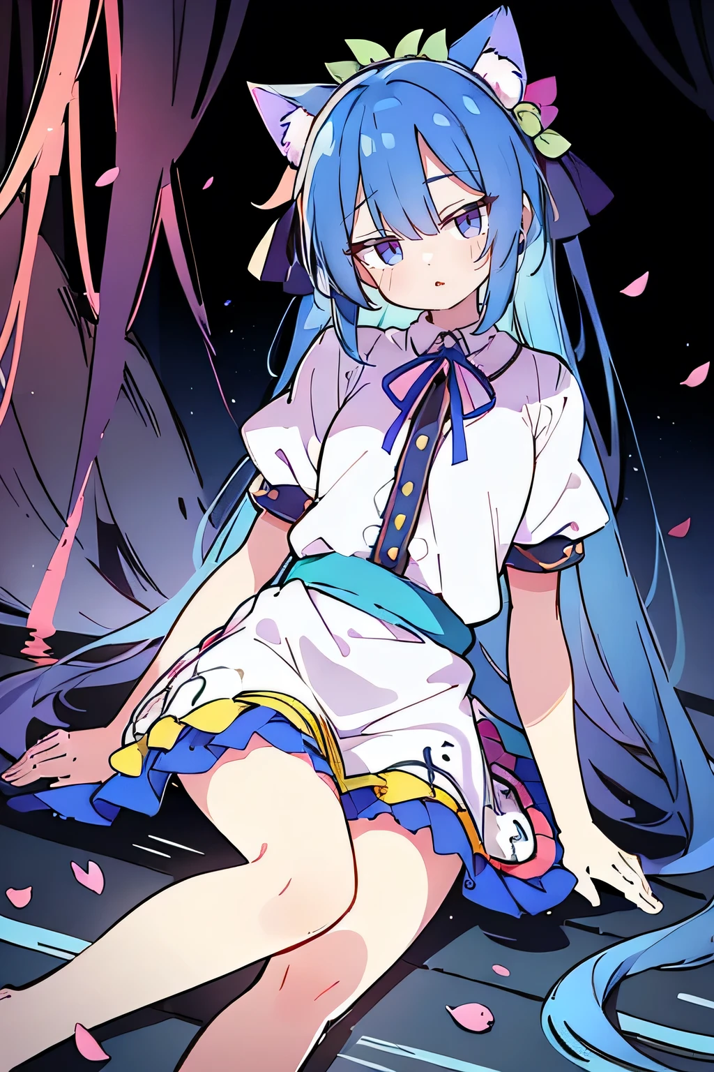 (masterpiece:1.2),ultra-detailed,realistic,expressive eyes,fair-skinned,perfectly shaped face,1girl,
Japanese cartoons,Gorgeous blue hair, flowing blue hair,floating clothes,cat ears,petals falling,beautiful Lola,Hina Angel,
hands on waist,gracefully sitting on the ground,legs crossed,gentle and serene background,cool and comfortable pavilion.