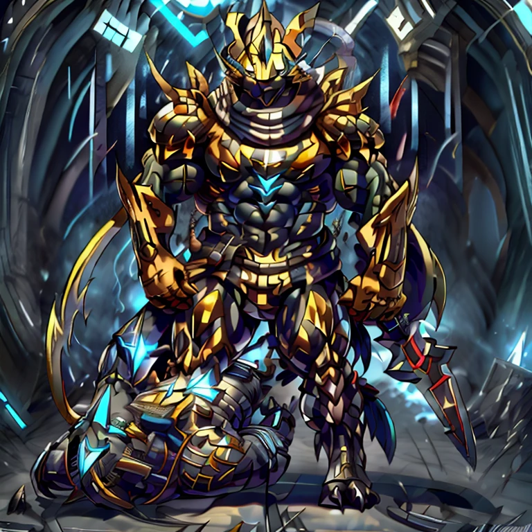 (masterpiece, best quality, detailed:1.2) (Pokémon) detailed full body, Zeraora's giant robot. Gigantic ZERAORA, GIANT. Protecting Zeraora's design and color scheme. scarf, A Zeraora at the bodybuilding competition, thunderstorm, rainy weather, lightning wears a black cloak on his back. Muscles are expanding. whole body shines like metal. Wearing cyberpunk mecha, emphasizes the muscles. He wears the same armor as himself from head to foot. (emphasizes the muscles.) suit fully made of metal, intricate armor, Robotic suit, suit fully made of metal, cyborg, big muscle. pecs, triceps, body full of huge muscles. unusually developed muscular body, A Zeraora at the bodybuilding competition, massive, huge muscular bodybuilder with extraordinary biceps, pecs, triceps, traps, gigachad, 300 lbs. The claws are sharp, Sharp teeth, with huge golden laser sword, It's big inside my panties, Armor,
Cape,
Helmet,
Sword,rd,