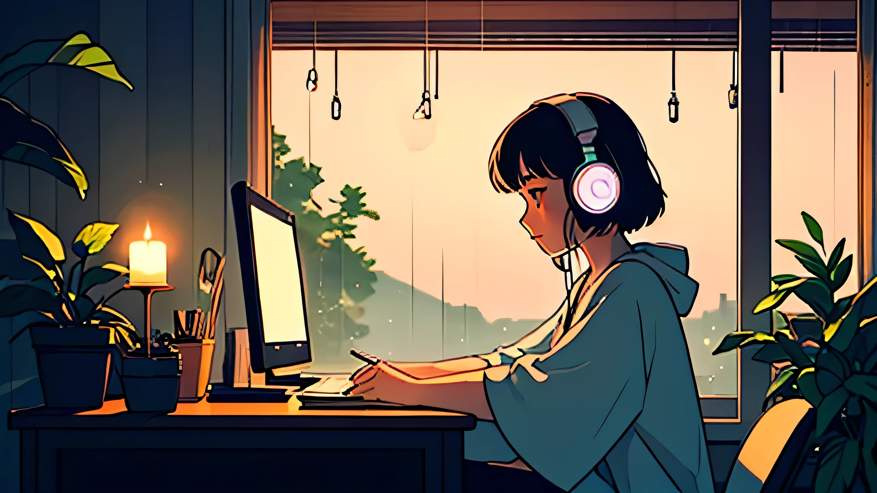 Rainy night girl sitting at her desk with papers besides wth a beautiful night views listening to music with headphones typing her computer on her dest with beautiful candle with lots of plants at background Lo-fi Chill vibes