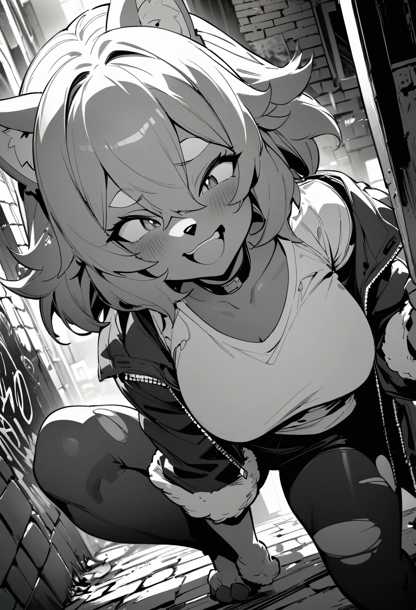 cover page, highres, top quality, best quality, paid reward available, unparalleled masterpiece, perfect artwork, absurdres, High-quality illustrations, laughing, perfect anatomy, lineart, monochrome, 1girl, kemono, furry, anthro, choker, shirt, torn legwear, open jacket, against wall, brick wall, graffiti, dim lighting, alley, dynamic angle,