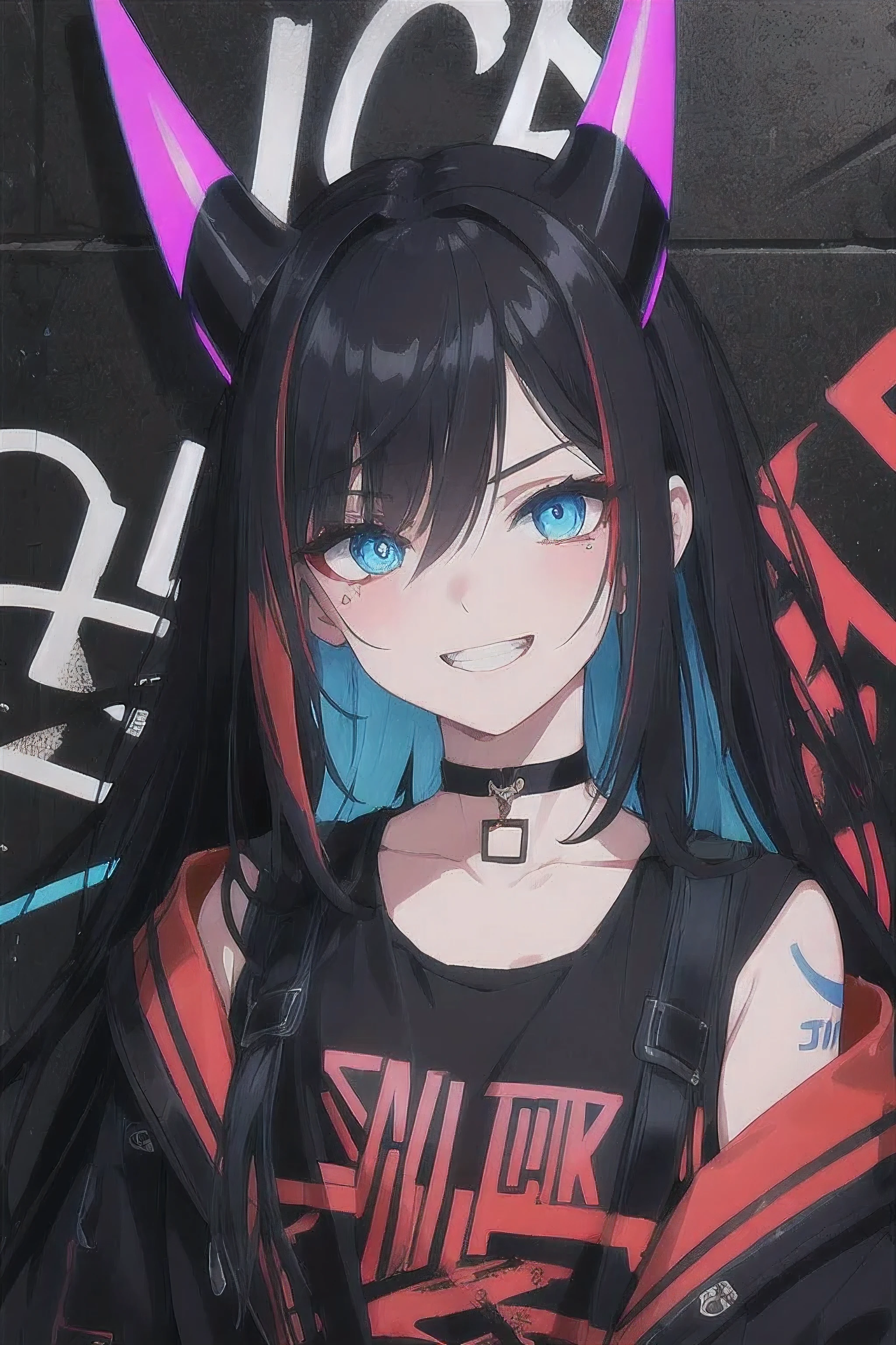 best quality, intricate details, chromatic aberration,1girl, long hair, black hair, messy hair, red highlights, hair over one eye, one blue eyes and one red,cat eyes, sharp eyes, Laughing ,choker, neon shirt, torn cloths, jacket,against wall, brick wall, graffiti, glowing grafiti, glowing tattoos, glow, neon lights, blacklight,demon horns