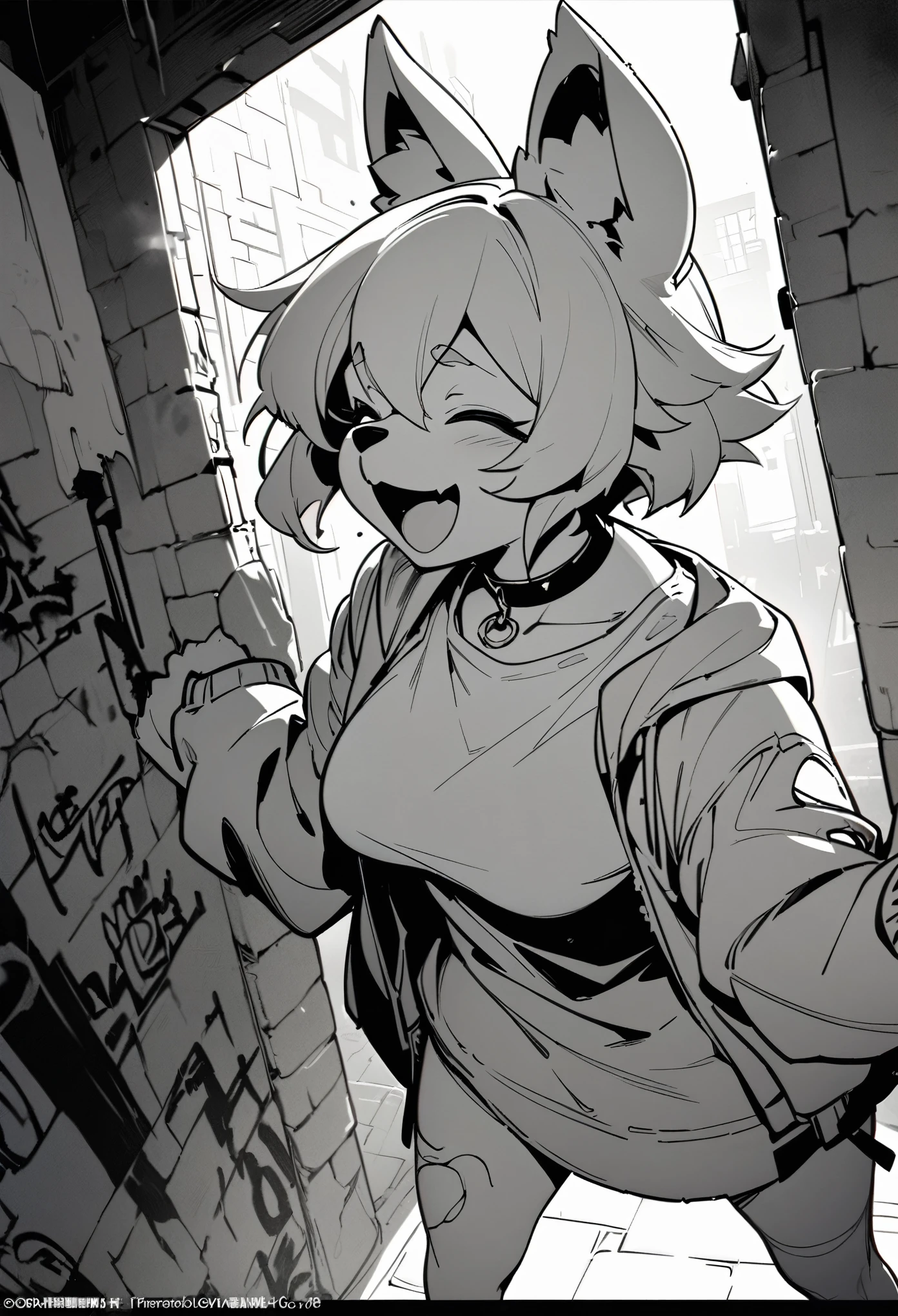 cover page, highres, top quality, best quality, paid reward available, unparalleled masterpiece, perfect artwork, absurdres, High-quality illustrations, laughing, perfect anatomy, lineart, monochrome, 1girl, kemono, furry, anthro, choker, shirt, torn legwear, open jacket, against wall, brick wall, graffiti, dim lighting, alley, dynamic angle,