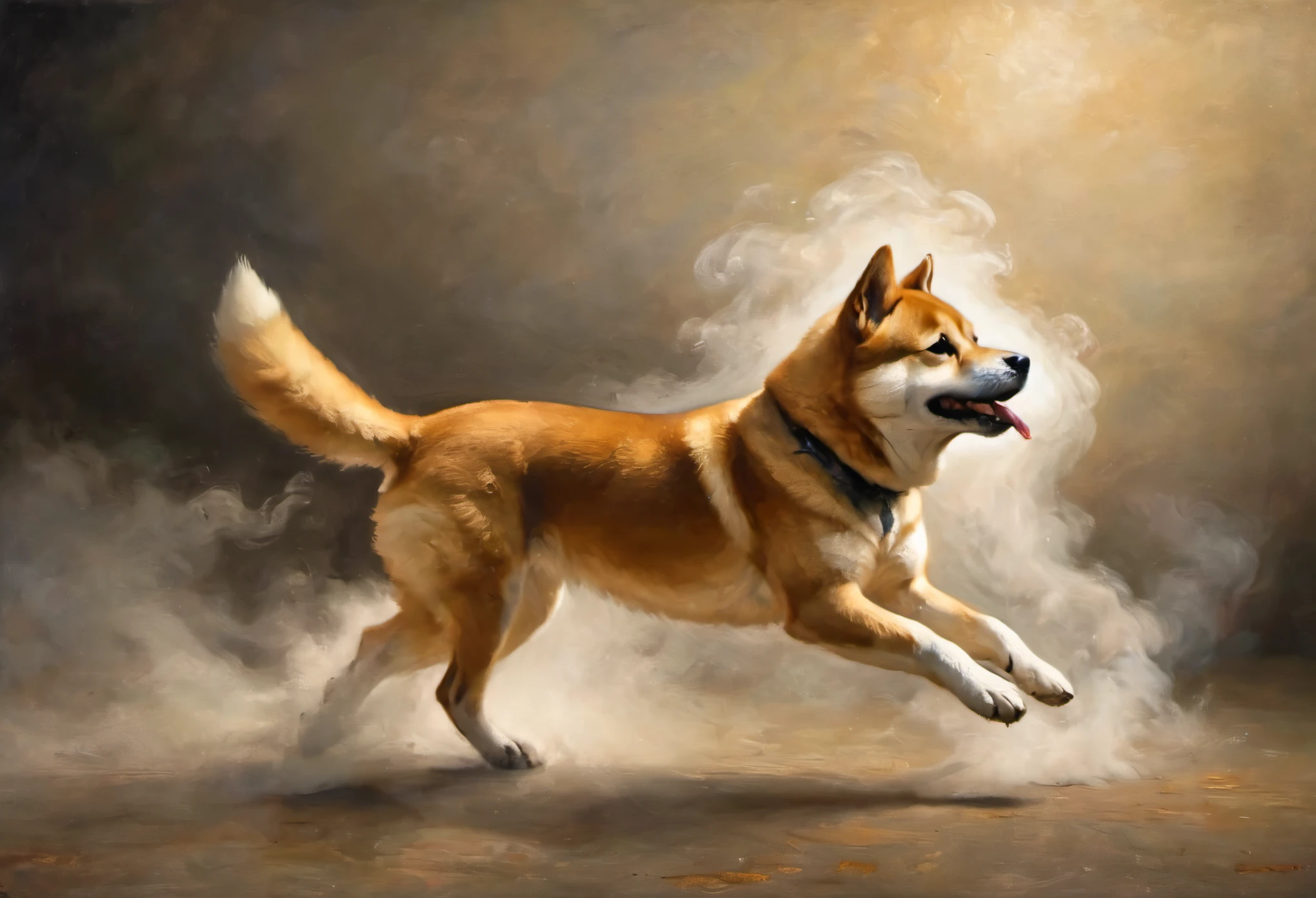 A Shiba Inu,side view,Running in the smoke, epic , theatricality and mystique ,Otherworldly ,Awesome ,Clever use of light and shadow,Adds depth and drama to the scene., Involve the audience in a dark and elegant narrative. This masterpiece, Created by the famous painter Gustav Klimt, Delve deep into the realms of fantasy and mythology, Inviting viewers to explore the complexity of beauty, strength, ,Anatomically correct