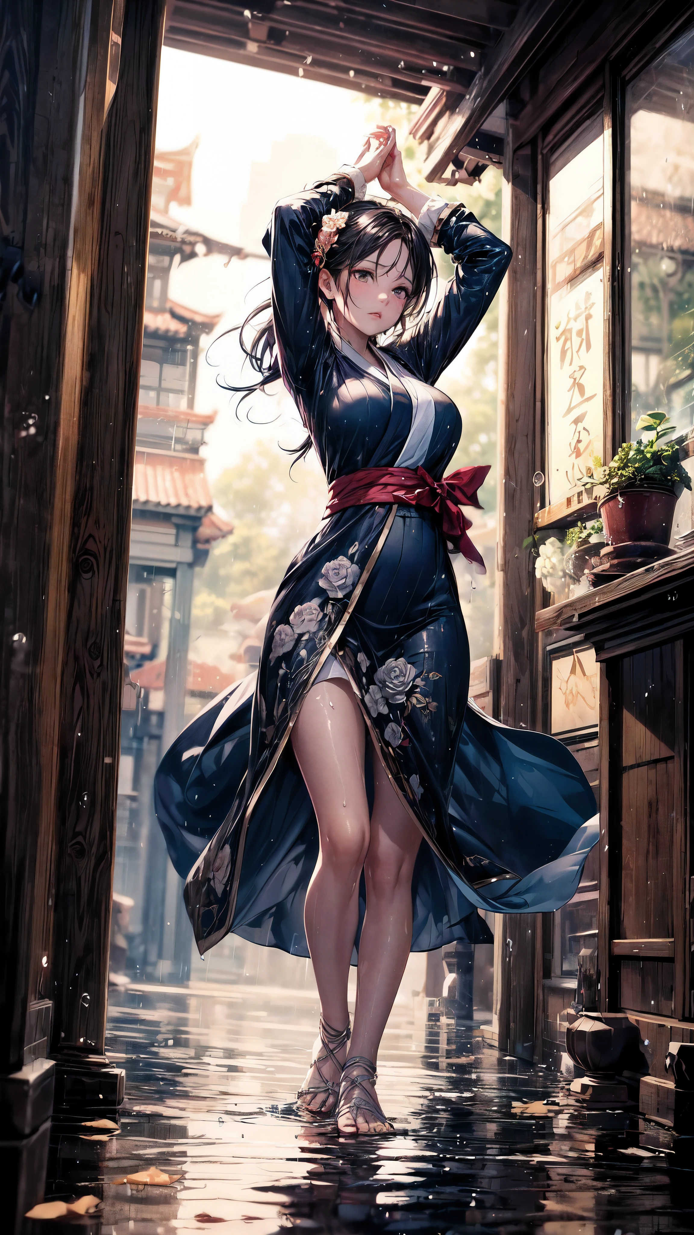 masterpiece, Highest quality, (Realistic, One girl, alone, Beautiful Face, Detailed face, Beautiful Eyes), (chest), Thighs, Long Hair, ponytail, 巨大なchestには, red, Ninja, Ninja Artist, Exposing shoulders, Elbow hand pockets, skirt curtain, Hand fan, fan