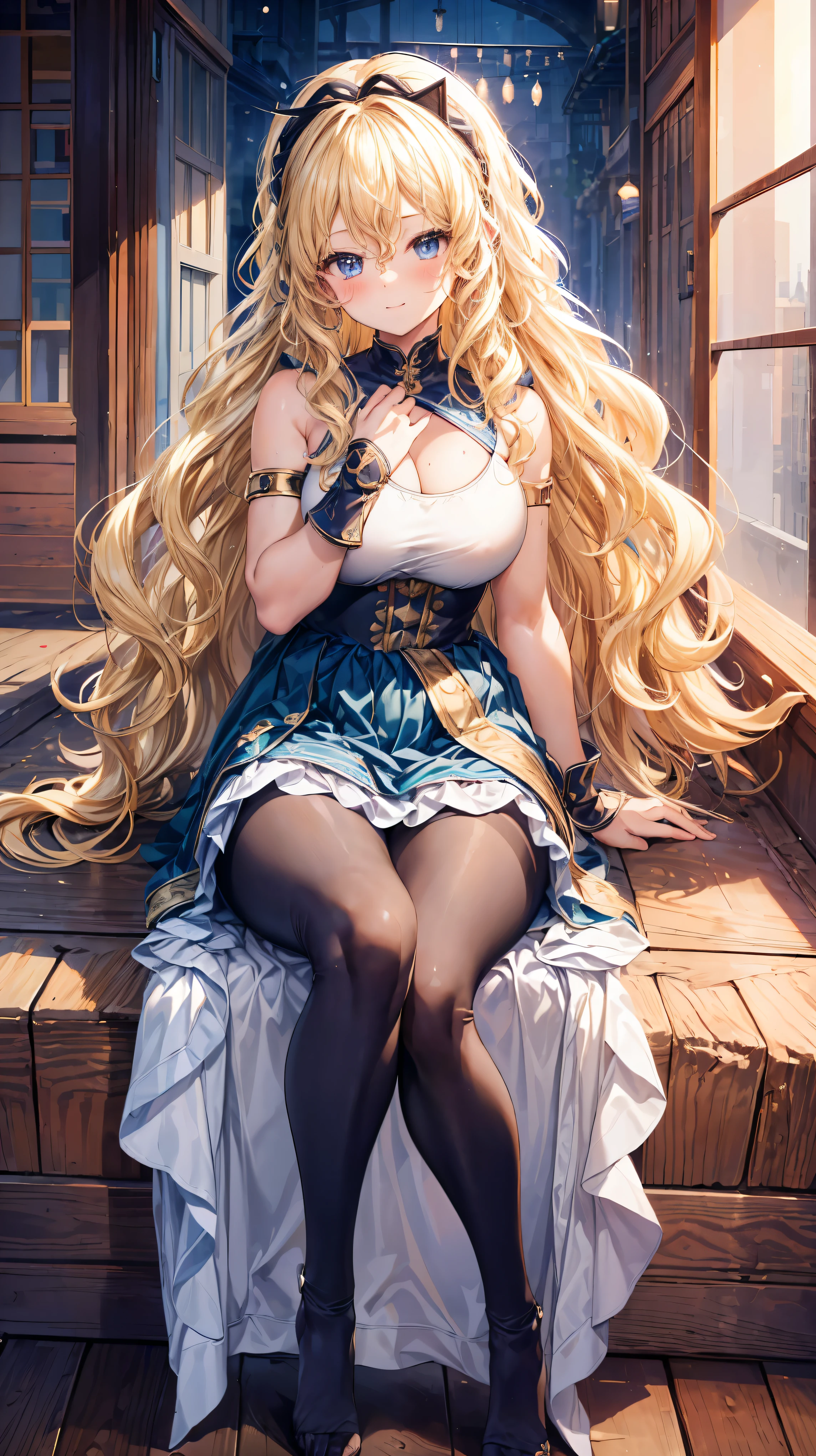 Very detailed、highest quality、Best image quality、masterpiece、8k、Anime Face、A kind smile、Open your mouth、Sparkling blue eyes、(Blonde wavy hair:1.5)、、Muscles of the whole body、Hands on hipini skirt、camisole、Knee-high tights