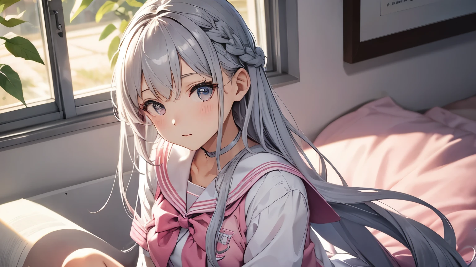 Beautiful woman in a pink sailor suit Silver braided long hair Upper Body high school student