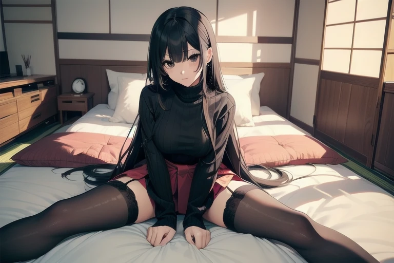 1girl, anime, black eyes, long black hair with square bangs, very long black hair, super long black hair, skirt and stockings, (((stockings))), heels, black Japanese style kimono mixed with ribbed black sweater with red accents and sakura floral design, ((ribbed black sweater)) adult, (Japanese shoji panel walls and tatami flooring indoors), kimono sleeves, garter, graceful, (sitting on bed), POV view, 1st person view, close, POV, pillow, (bed), (((futon))), spread legs