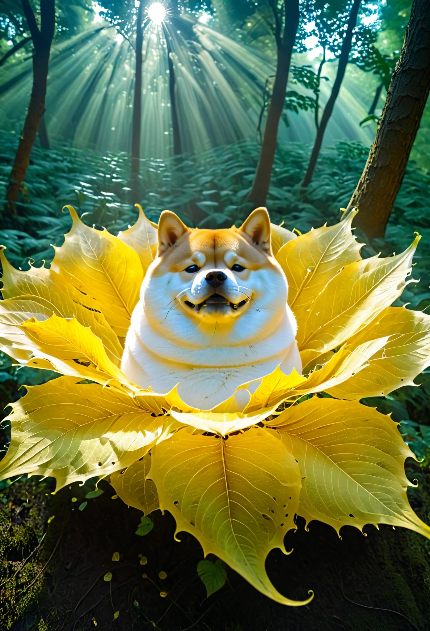 humanimal，fat， Shiba Inu，solo，in a forest，fractal leaves，ezh，Interweaving of light and shadow