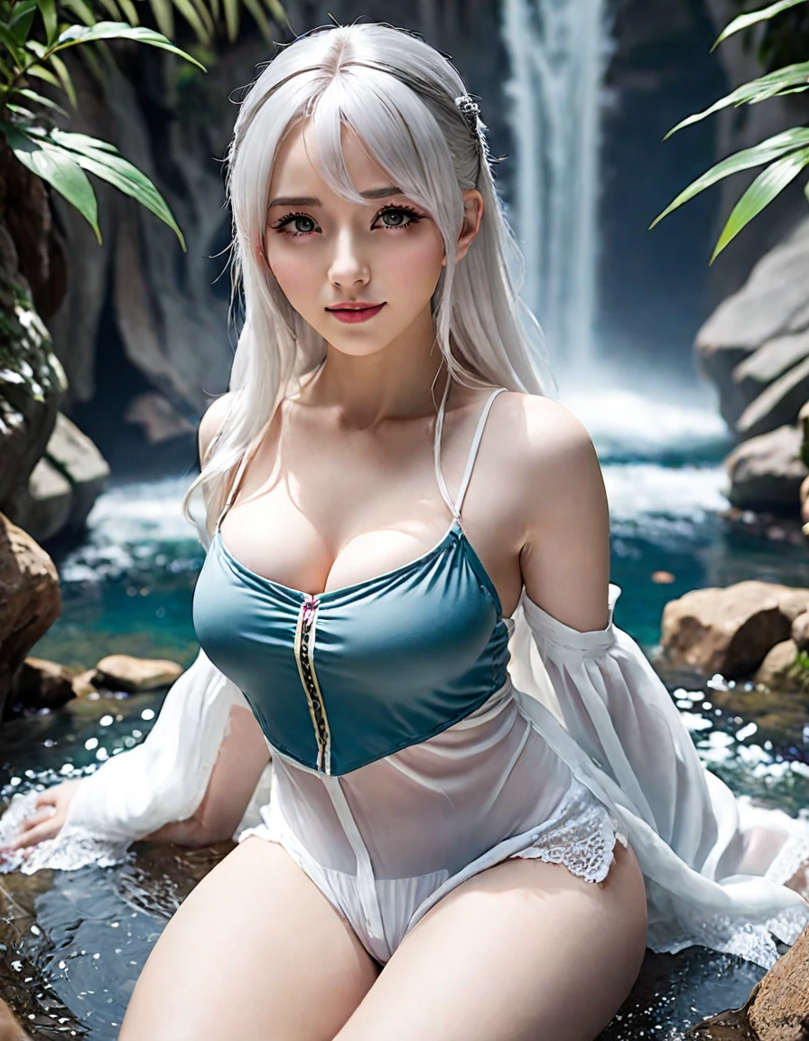 1 Girl, Beautiful, Baby Face, 20 Years Old, Naked, White Skin, Huge Chests, Colossal Breasts, Standing On The Huge Rock, waterfall, Cleavage, Perfect Naked fullbody, Nude, bare breasts, White Eye, Muscles:1.3, Realictic Detailed River, Trees, Bokeh:1.1, Drill Hair, Tied Hair, ((White Gradient Coloured Hair))