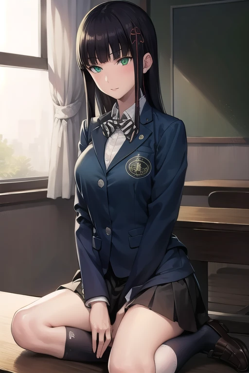 hifumitougou, hifumi tougou, (green eyes:1.5), black hair, long hair, bangs, blunt bangs,
BREAK blazer, bow, bowtie, hair ornament, jacket, kneehighs, loafers, shoes, skirt, socks, black skirt, (blue blazer:1.5),
BREAK looking at viewer, full body,
BREAK indoors, classroom,
BREAK (masterpiece:1.2), best quality, high resolution, unity 8k wallpaper, (illustration:0.8), (beautiful detailed eyes:1.6), extremely detailed face, perfect lighting, extremely detailed CG, (perfect hands, perfect anatomy),