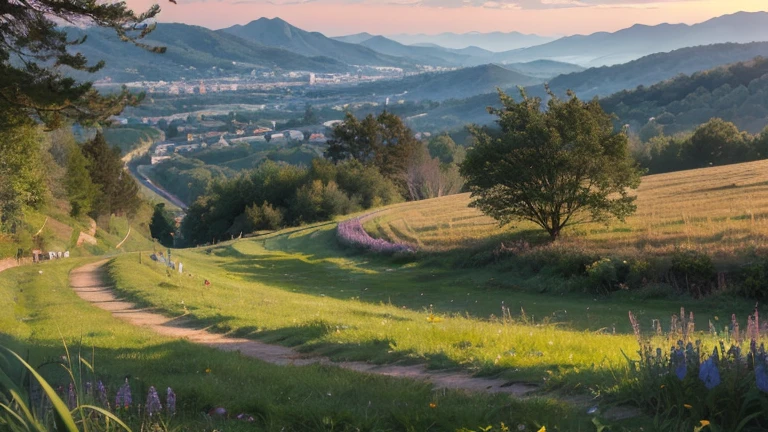 Passing through the Shakado、The slope where we wait until the evening spreads out、There are people I miss々There is a hill where summer grass is swaying and waiting for you. It is evening.。This scene、A painting-like image with a tranquil and calm atmosphere、Please generate an image