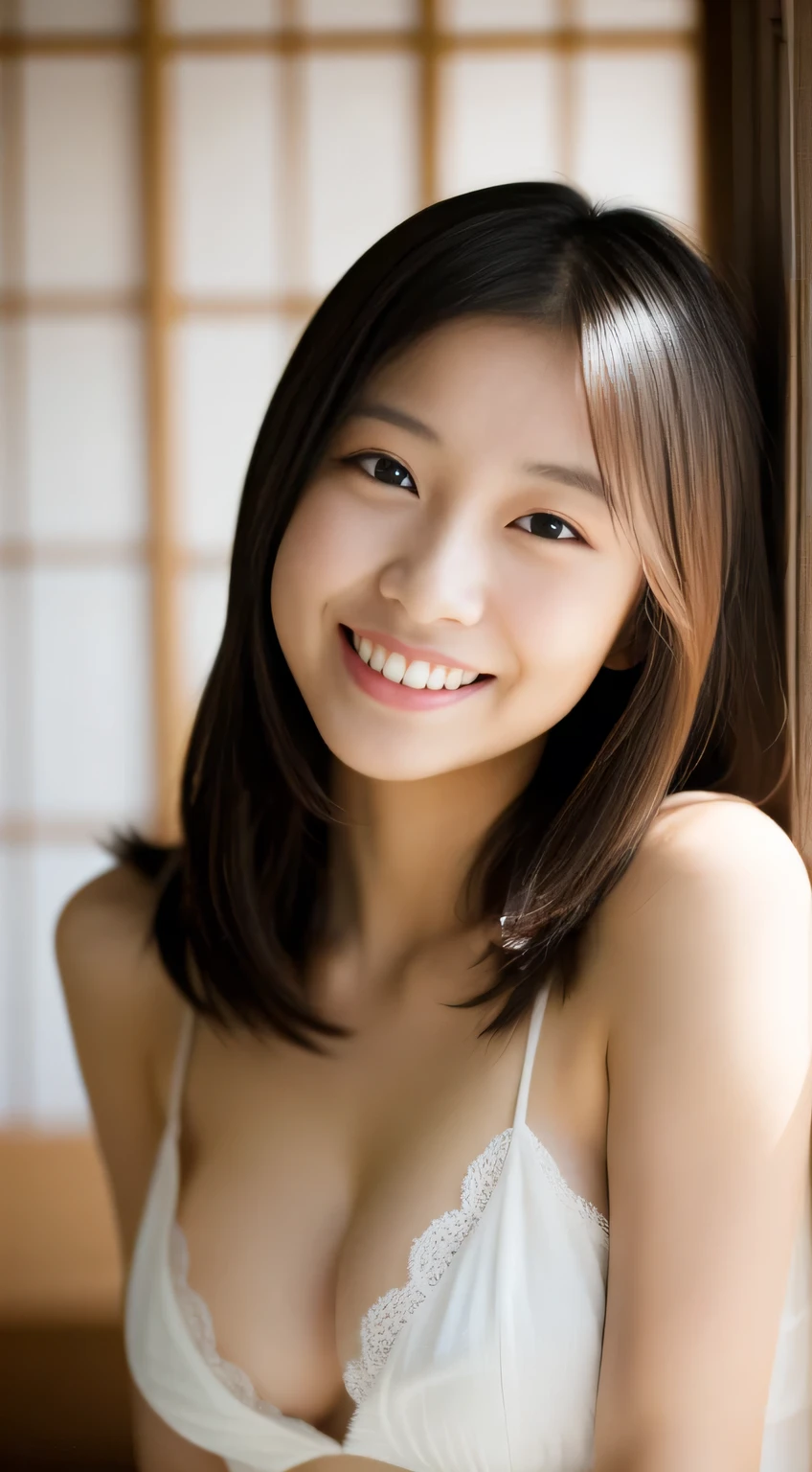 masterpiece,best quality,(Japanese ),((Beautiful girl)),cleavage,indoor,(perfect body beauty:1.2),(shy smile),beautiful teeth,