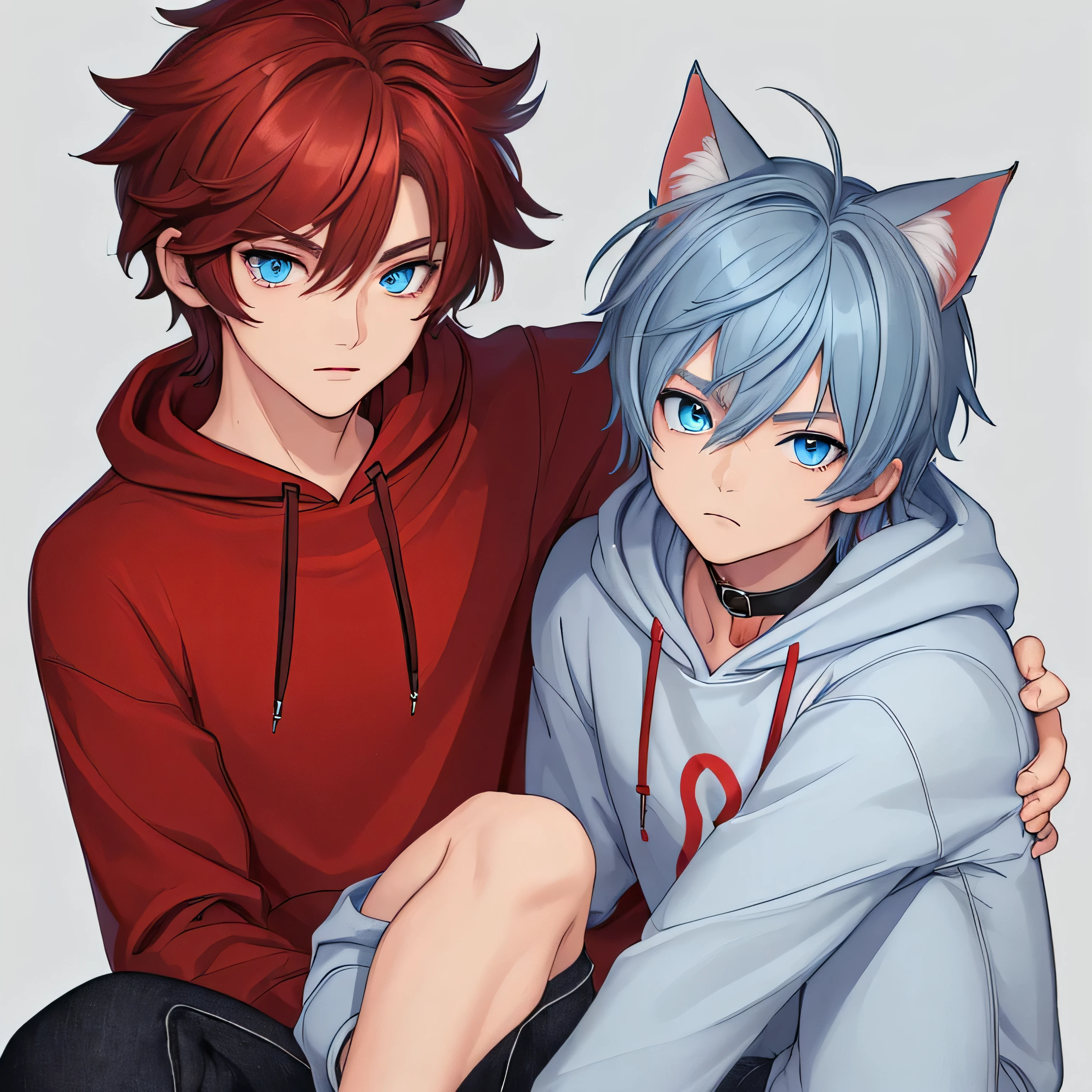 ((best quality)), ((masterpiece)), (detailed), perfect faceLong hair catboy with a red collar and light blue eyes, in comfy clothes like a hoodie and black jeans