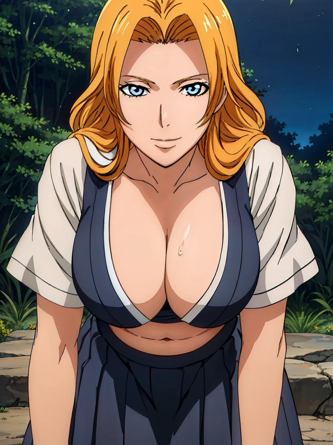 all fours, pov from below, (white serafuku : 1.5), navel, blue pleated skirt, night forest background, matsumoto rangiku, anime cels style, best quality, high resolution, (huge breasts:1.3), cowboy shot, (potrait body), blue eyes, Blonde hair, bangs, Long hair, 1 girl, looking at viewer, beautiful face, Beautiful Finger, Beautiful long legs, Beautiful body, Beautiful Nose,Beautiful character design, light smile