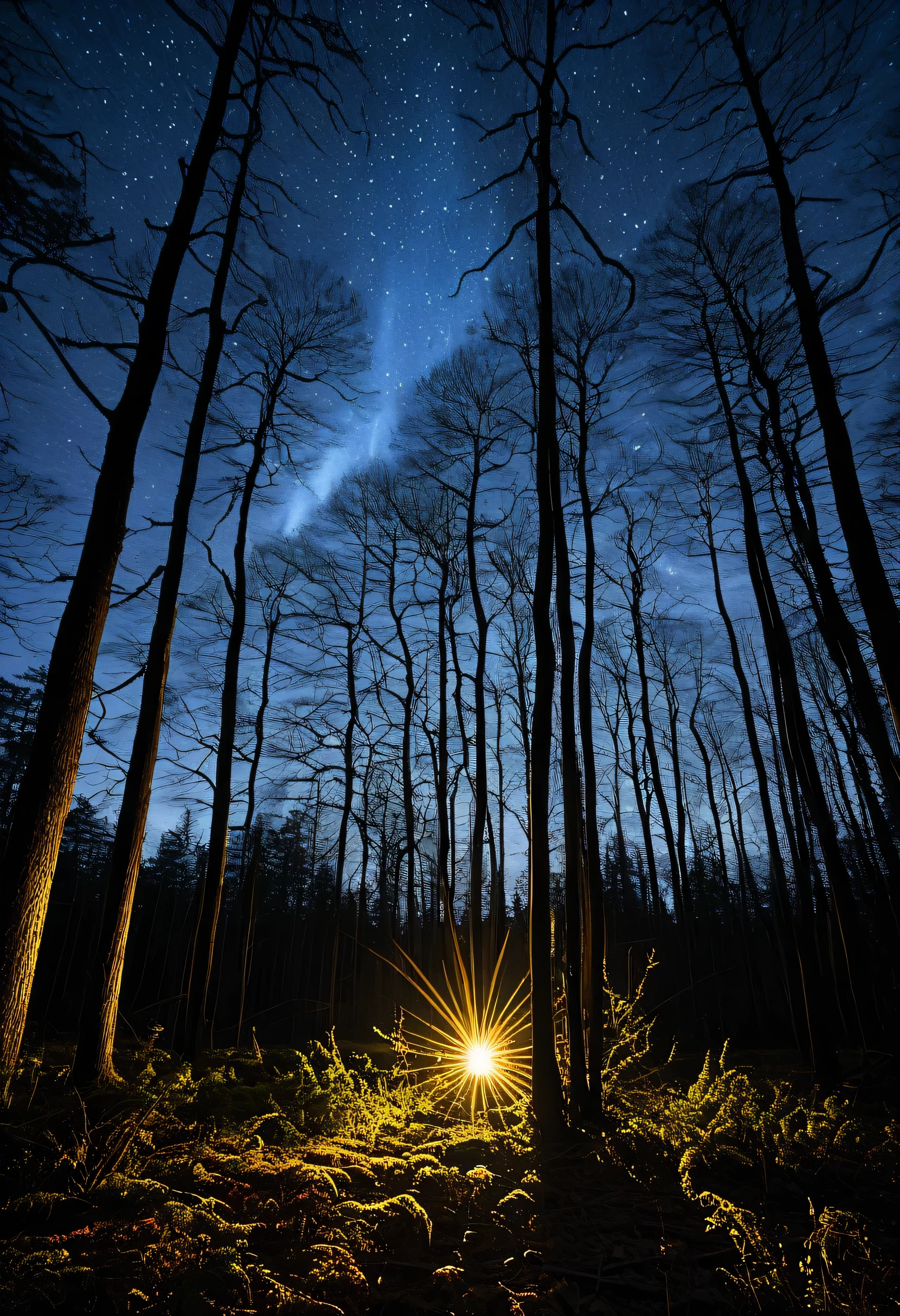 Night tones, and luminous cirrus clouds that streak across the heavens. The sun peeks through the trees, casting dappled light on the forest floor, illuminating the dormant world and bringing it to vibrant life.
As the creature moves gracefully through the forest, its hooves leave gentle imprints on