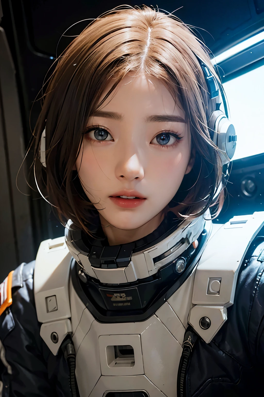 Ultra-high resolution、(Real:1.4)、One beautiful woman、Beautifully detailed eyes and skin、Light brown short hair、Full space suit、Space Station、Spaceship、Remains、Cloudy、Sci-Fi Taste、Movie quality、dramatic、Dramatic composition、