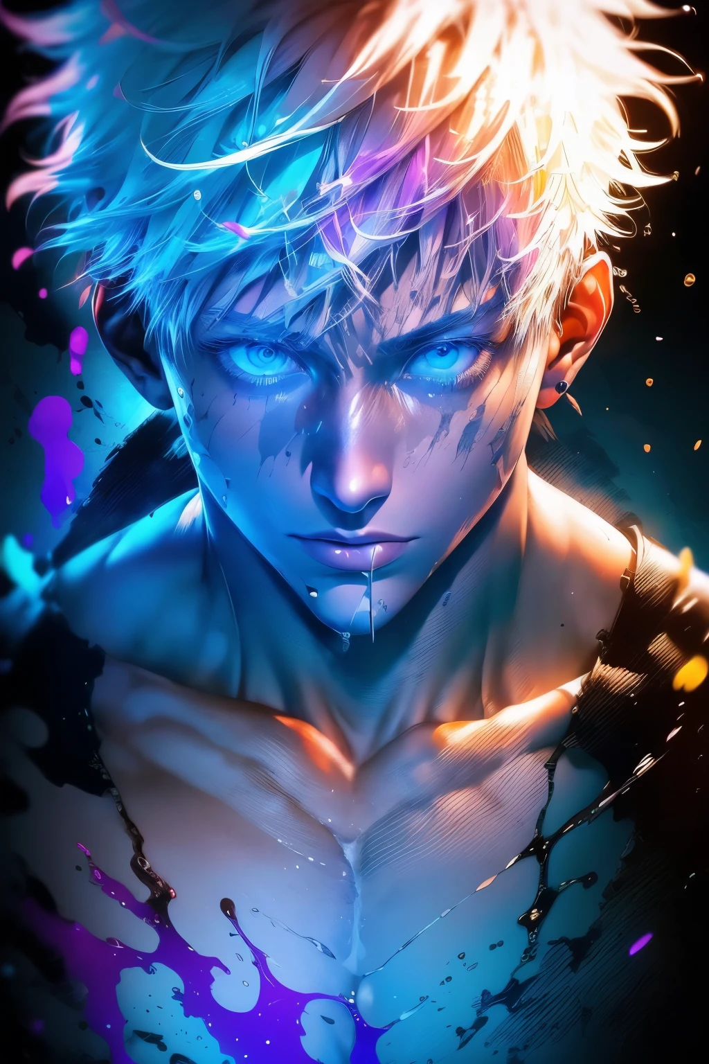 masterpiece, best quality, (extremely detailed CG unity 8k wallpaper, masterpiece, best quality, ultra-detailed, best shadow), (detailed background), (beautiful detailed face, beautiful detailed eyes), High contrast, (best illumination, an extremely delicate and beautiful),1girl,((colourful paint splashes on transparent background, dulux,)), ((caustic)), dynamic angle,beautiful detailed glow,full body, paint splash on face. , realistic anime 3 d style, seductive anime boy, anime realism style, attractive anime boy,beautiful alluring anime men, looking gojo satoru , ((gojo satoru)) gojo satoru of Jujutsu Kaisen, whole body,