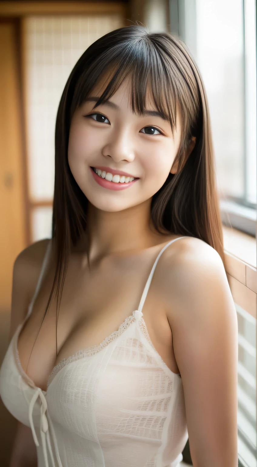 masterpiece,best quality,(Japanese ),((Beautiful girl)),cleavage,indoor,(perfect body beauty:1.2),(shy smile),beautiful teeth,