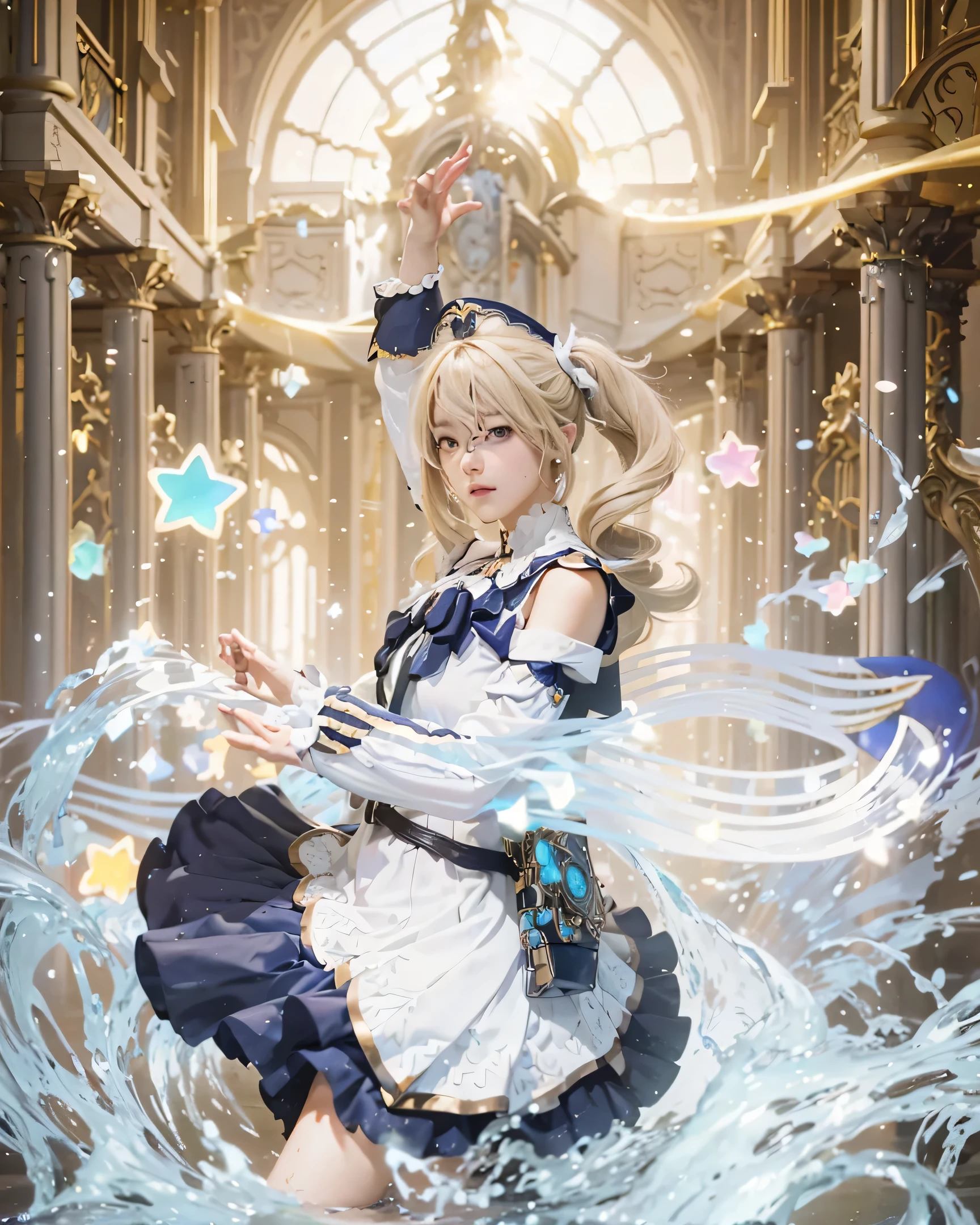 (BARBARA_GENSHIN IMPACT),((realistic, photorealistic)),(highlight hair)), Light reflection, (( HD )),((upper body)), (((best quality, masterpiece))), (masterpiece) (best quality) (detail) (8k) (HDR) (wallpaper) (cinematic lighting) (sharp focuasterpiece, best quality: 1.1), Real life adaption of this character, Asian teen beauty face, Shining Purple eyes, realistic outfit, realistic shadow, realistic light, realism, hyper realistic, realistic background,(photorealistic:1.2), 1girls,Background of the game genshin impact is afiliasi,Waves of notes circled around his body, the backdrop of a luxurious palace room,Yellow wavy hair, twin tails,water splash, Line light,Raise hands,blinks,Floating lifting dress,